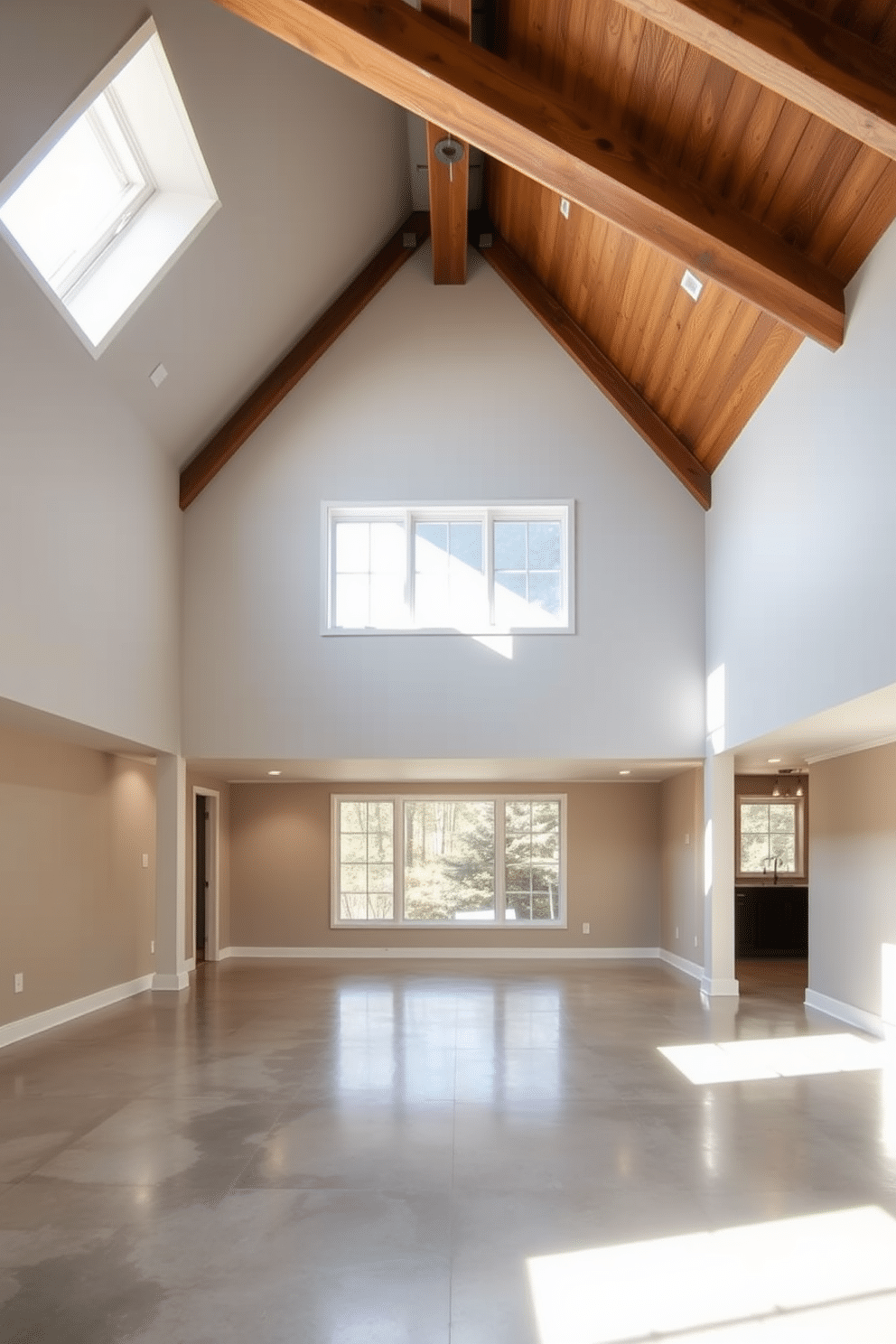 A spacious basement with a vaulted ceiling that creates an airy and open atmosphere. The walls are painted in a soft gray, while the floor features sleek, polished concrete that reflects light beautifully. The ceiling showcases exposed wooden beams, adding warmth and character to the space. Large windows allow natural light to flood in, enhancing the inviting ambiance of this modern basement design.