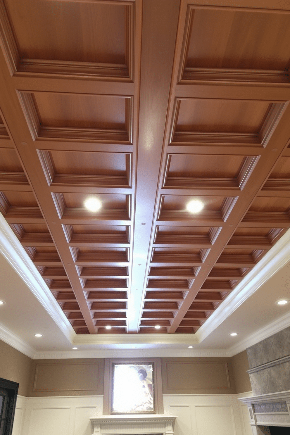 A stunning coffered ceiling design features intricate wooden beams arranged in a grid pattern, creating a sense of elegance and depth in the space. Hidden access panels seamlessly blend into the design, allowing for easy access to utilities while maintaining the aesthetic appeal. In the basement, the ceiling is adorned with soft recessed lighting that highlights the coffered structure, enhancing the ambiance of the room. The color palette consists of warm neutrals that complement the overall decor, making the basement feel inviting and sophisticated.