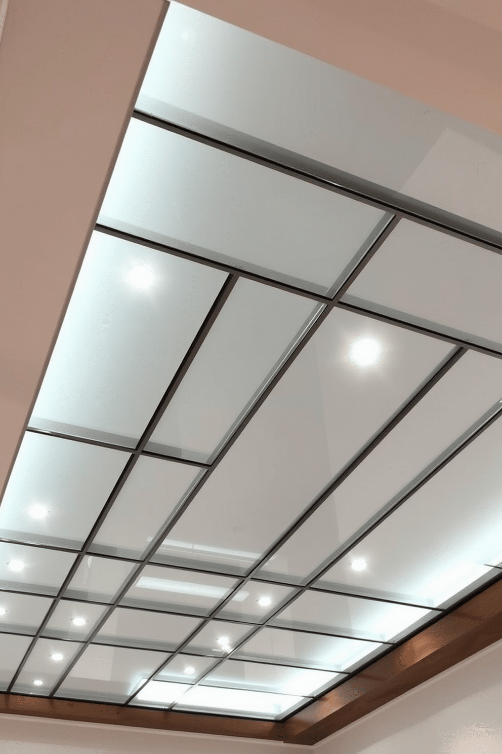 A sleek basement ceiling design featuring glass panels that create a contemporary edge. The glass reflects light beautifully, enhancing the spacious feel of the area while maintaining a modern aesthetic. The ceiling incorporates recessed lighting that complements the glass elements, providing an inviting ambiance. Rich wooden beams run parallel to the glass panels, adding warmth and texture to the overall design.