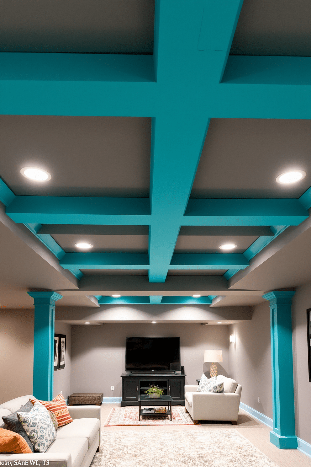 A stylish basement ceiling features painted wooden beams in a vibrant teal, adding a striking contrast to the soft gray walls. The beams are arranged in a geometric pattern, creating visual interest while maintaining an open and airy feel in the space. Soft, recessed lighting is integrated into the ceiling design, enhancing the ambiance and highlighting the colorful beams. The overall design is complemented by a plush area rug and contemporary furniture, making the basement a cozy retreat for relaxation and entertainment.