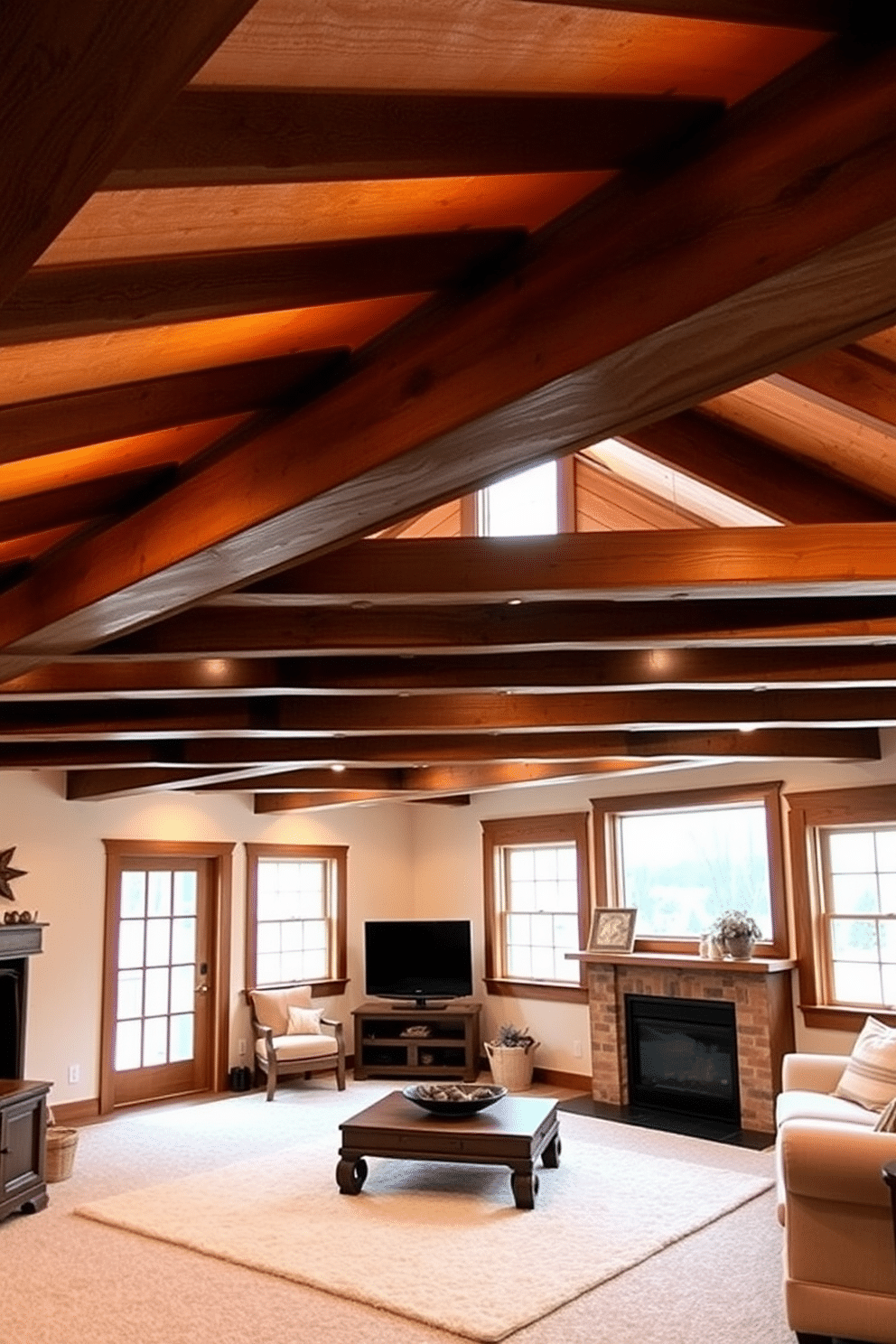 A cozy farmhouse basement featuring rustic barn wood beams across the ceiling, creating a warm and inviting atmosphere. Soft, ambient lighting is integrated into the beams, enhancing the natural textures and colors of the wood. The walls are painted in a soft cream color to complement the rustic elements, while a plush area rug adds comfort underfoot. Large windows allow natural light to filter in, illuminating the space and highlighting the charming farmhouse aesthetic.