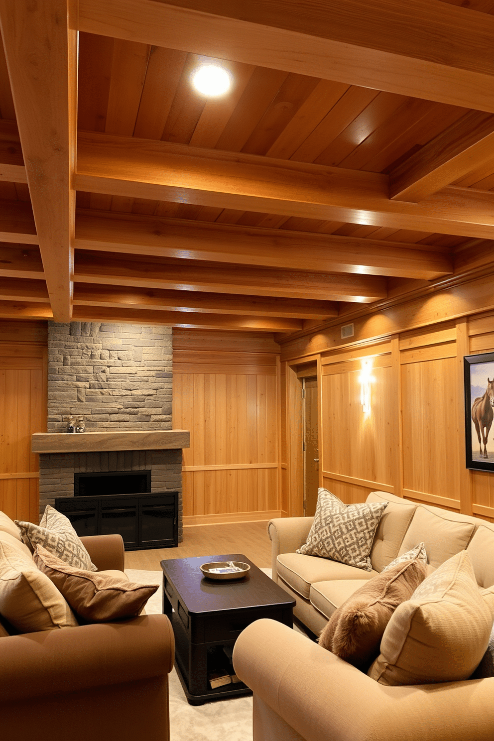 A cozy basement retreat featuring natural wood finishes throughout. The ceiling showcases exposed wooden beams, creating an inviting atmosphere that complements the warm tones of the wood paneling on the walls. Soft, ambient lighting is integrated into the ceiling design, enhancing the inviting feel of the space. Plush furniture with earthy textiles is arranged for comfort, inviting relaxation and social gatherings.