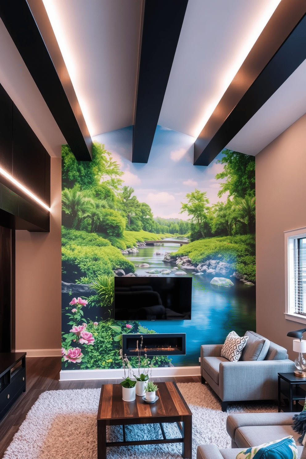 A vibrant custom mural depicting a serene landscape adorns the main wall of the living room, bringing a touch of nature indoors. The mural features lush greenery and a tranquil river, creating a calming focal point that enhances the room's ambiance. The basement ceiling is designed with a sleek, modern look, featuring exposed beams painted in matte black for a contemporary feel. Soft LED strip lighting is integrated along the edges, providing a warm glow that highlights the unique architectural elements of the space.