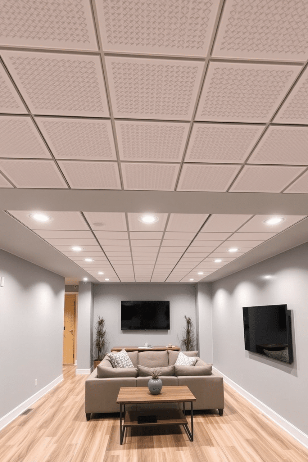 A modern basement design featuring drop ceiling tiles that allow for easy maintenance and accessibility. The tiles are arranged in a sleek grid pattern, complemented by recessed LED lighting that enhances the overall ambiance of the space. The walls are painted in a light gray tone, creating a bright and airy feel, while the flooring consists of durable laminate that mimics natural wood. Cozy furniture pieces, such as a sectional sofa and a coffee table, are arranged to encourage conversation and relaxation in this inviting basement retreat.