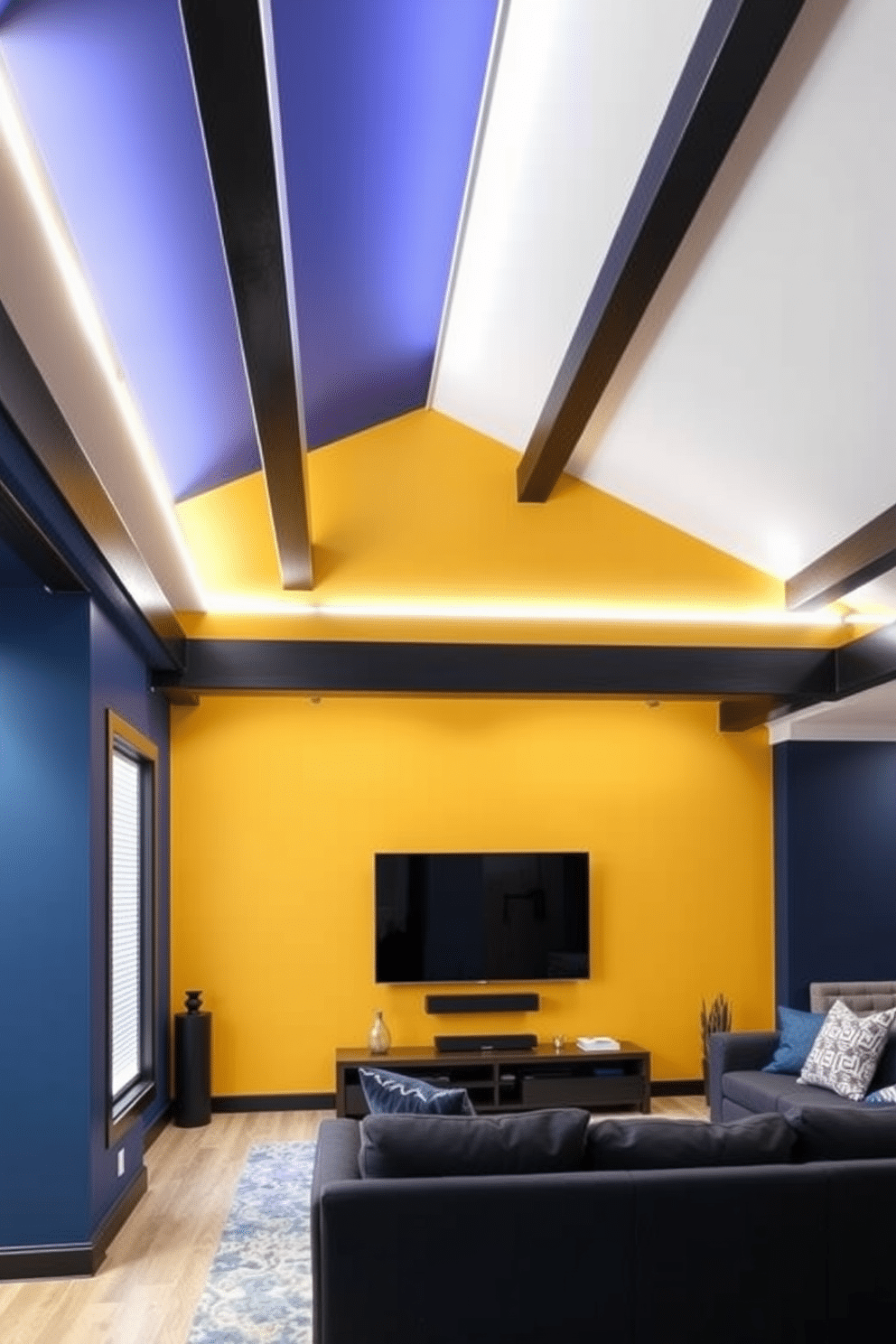 A vibrant living room featuring color-blocking techniques. One wall is painted a deep navy blue, while the adjacent wall is a bright mustard yellow, creating a striking contrast that energizes the space. The ceiling in the basement showcases a modern design with exposed beams painted in matte black. Soft LED strip lighting runs along the edges, highlighting the unique architectural features while providing an inviting glow.