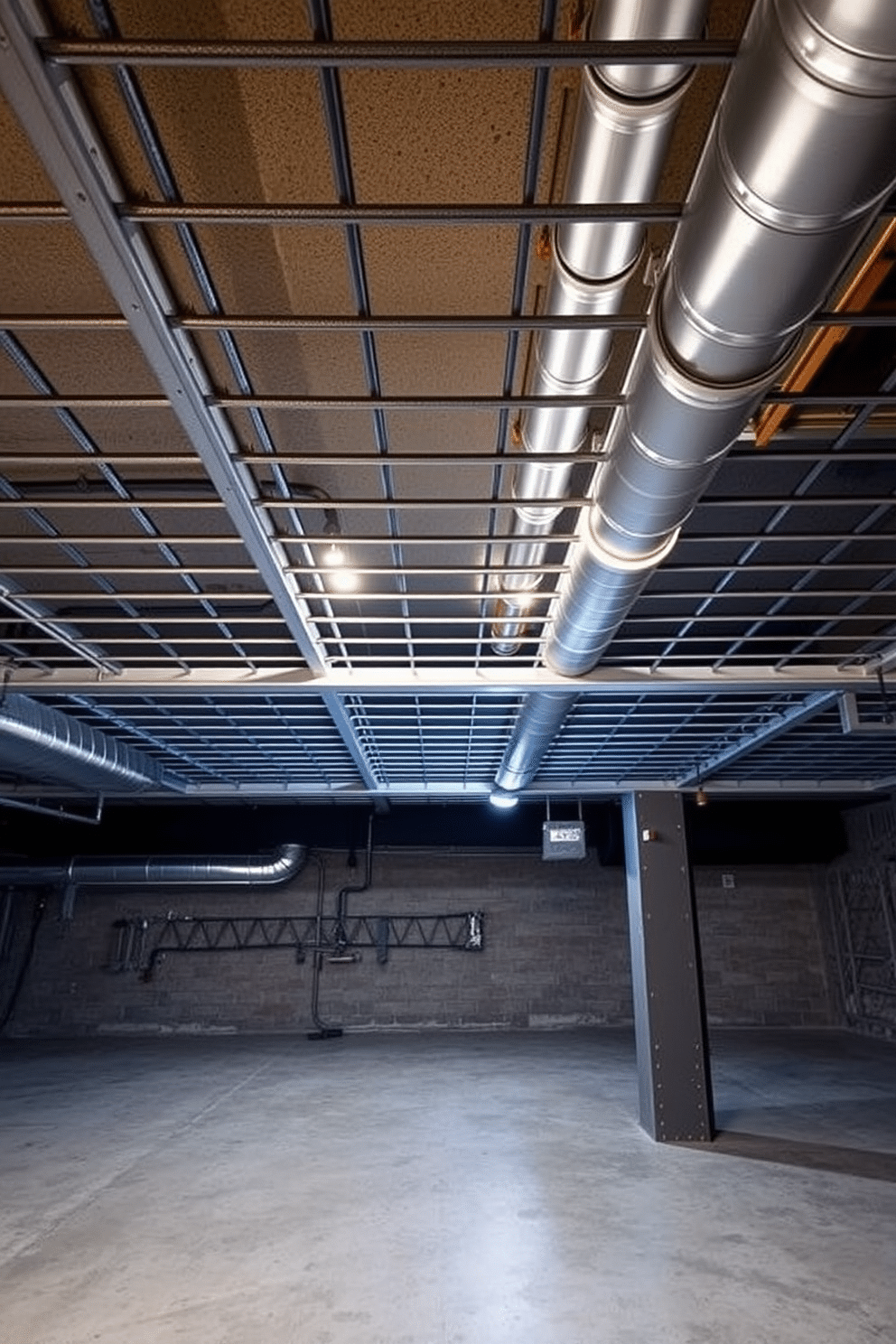 A striking industrial basement features a metal grid ceiling that enhances the urban vibe of the space. The exposed beams and ductwork create a raw, edgy aesthetic that complements the polished concrete floor below. Soft ambient lighting is strategically placed within the grid, casting a warm glow that contrasts with the cold metal. This design choice not only adds character but also makes the basement feel more inviting and functional.