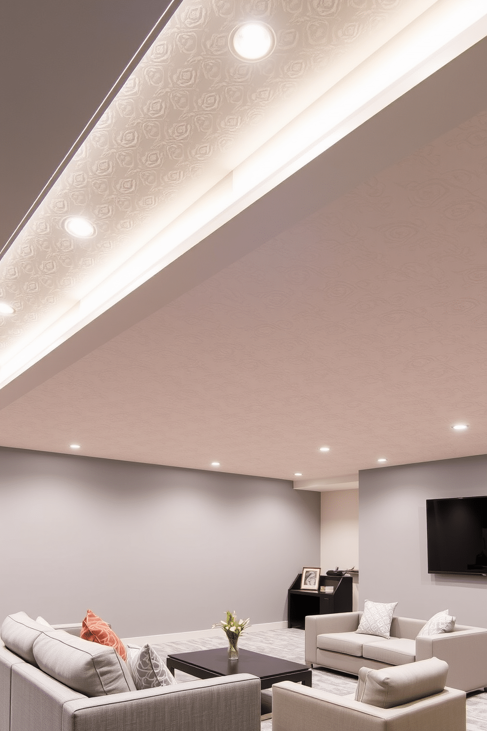 A modern basement featuring textured drywall that adds depth and character to the space. The ceiling is designed with sleek, recessed lighting, enhancing the contemporary aesthetic while providing ample illumination. The walls are painted in a soft gray, complementing the textured drywall and creating a cohesive look. An open layout allows for a comfortable seating area, with stylish furniture arranged to promote relaxation and social interaction.