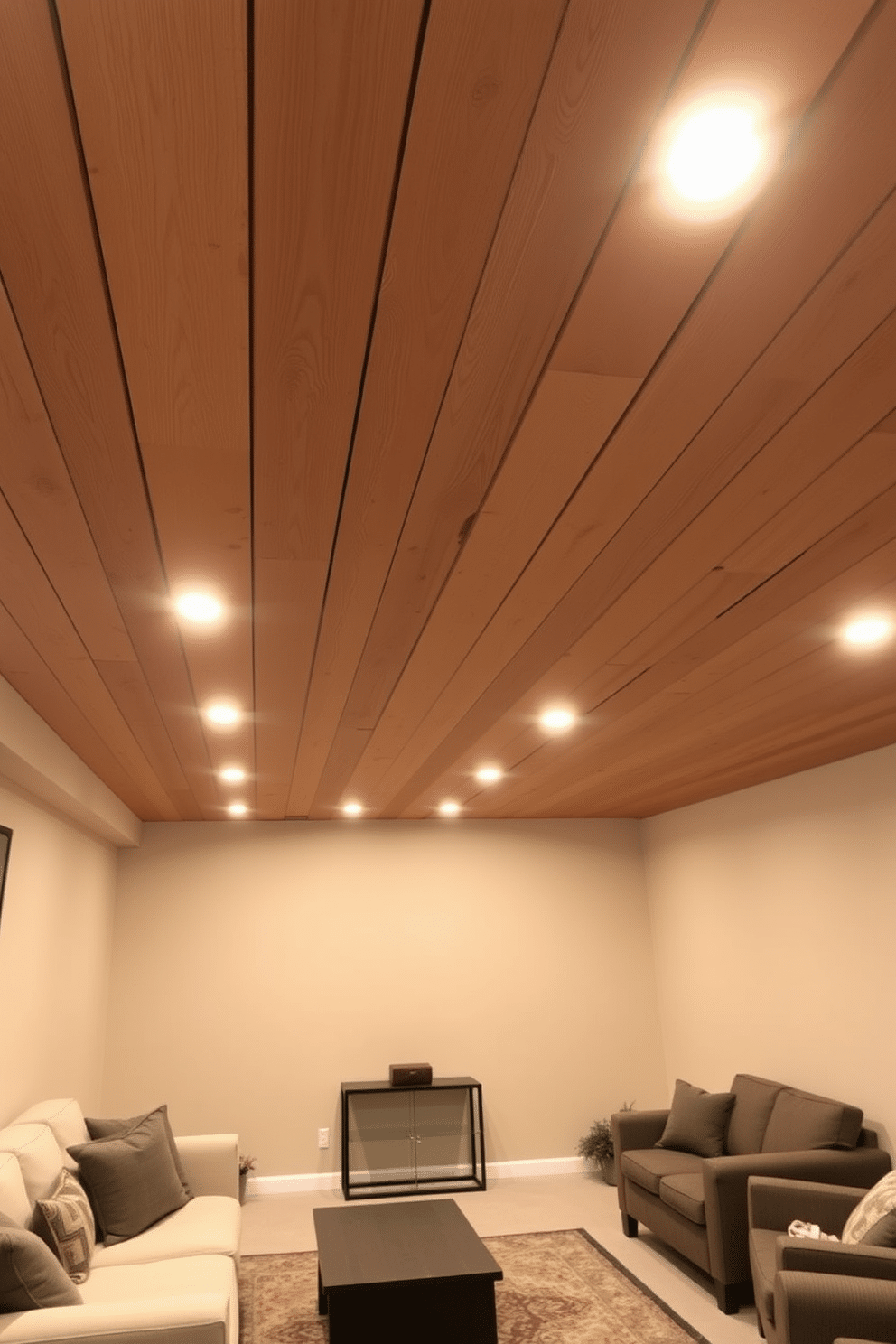 A cozy basement space featuring a ceiling adorned with warm wood slats, creating a rustic yet modern aesthetic. Soft lighting fixtures are integrated within the slats, casting a gentle glow that enhances the inviting atmosphere. The walls are painted in a soft beige to complement the wood tones, while plush seating arrangements invite relaxation. A stylish area rug adds texture and warmth, tying the space together with a touch of elegance.