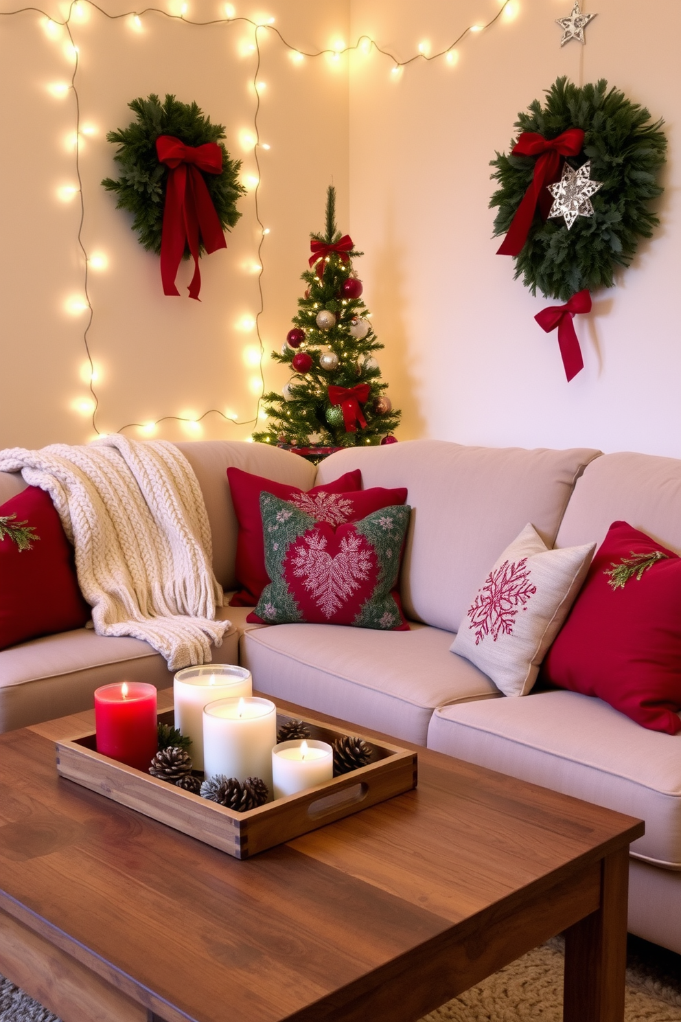 Cozy seating area adorned with festive pillows in rich reds and greens. The space features a plush, oversized sofa with a soft knit throw draped over one arm, surrounded by twinkling fairy lights and a beautifully decorated Christmas tree in the corner. The walls are painted in a warm cream tone, enhancing the inviting atmosphere. A rustic wooden coffee table sits in front, topped with a tray of holiday-themed candles and a bowl of pinecones for a seasonal touch.