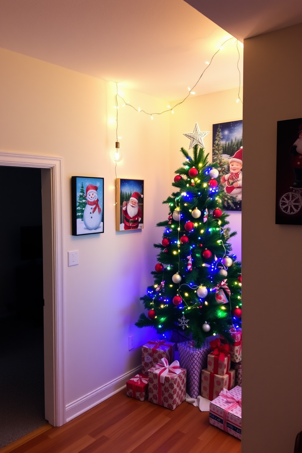 Festive artwork adorns the walls, featuring vibrant holiday-themed pieces that capture the spirit of the season. The basement is transformed into a cozy retreat with twinkling string lights and a beautifully decorated Christmas tree in the corner, surrounded by wrapped gifts.