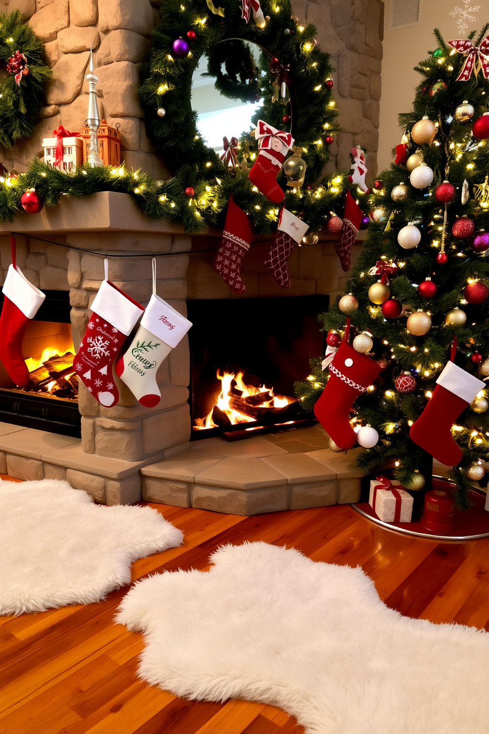 A cozy living room adorned for the holidays. Stockings in various festive designs are hung by the stone fireplace, which is warmly lit by flickering flames. The surrounding area features a beautifully decorated Christmas tree with twinkling lights and colorful ornaments. Soft, plush rugs cover the wooden floor, providing a warm contrast to the winter chill outside.