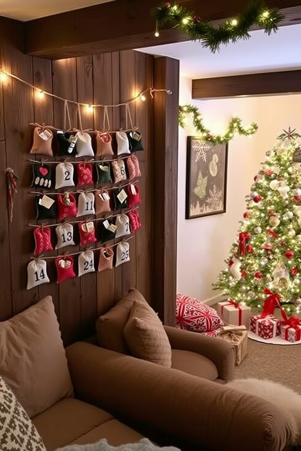 A charming DIY advent calendar is creatively displayed on a rustic wooden wall, featuring small, colorful fabric pouches hanging from twine. Each pouch is filled with festive treats and surprises, adding a touch of whimsy and anticipation to the holiday season. The basement is transformed into a cozy winter wonderland, adorned with twinkling fairy lights and festive garlands. Plush seating arrangements invite family and friends to gather, while a beautifully decorated Christmas tree stands as the centerpiece, surrounded by carefully wrapped gifts.