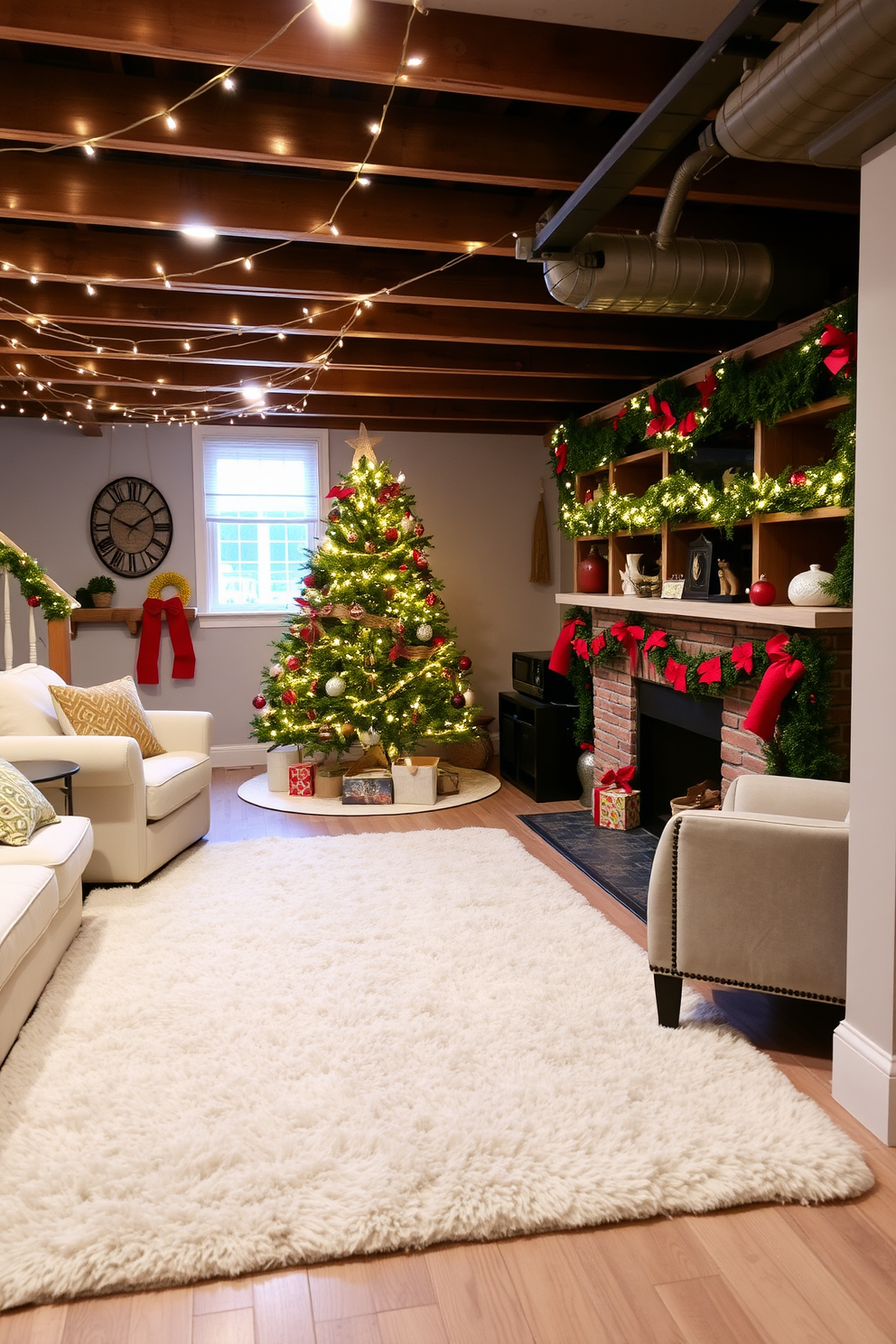 A cozy basement space adorned with a fluffy area rug that adds warmth and comfort underfoot. The rug features a soft, neutral color palette, complementing the surrounding furniture and creating an inviting atmosphere. For Christmas decorating, the basement is transformed with twinkling string lights draped along the ceiling beams and a beautifully decorated tree in the corner. Festive garlands and ornaments in rich reds and greens adorn the shelves, enhancing the holiday spirit throughout the room.