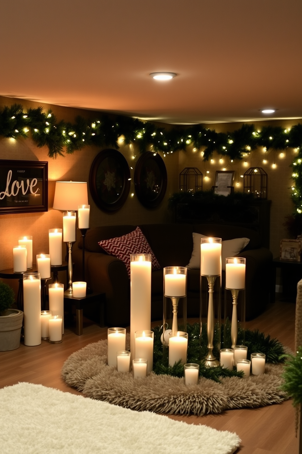 A cozy basement transformed for the holidays, featuring a warm, inviting atmosphere. Soft, ambient lighting highlights a collection of beautifully arranged scented candles in various sizes, casting a gentle glow throughout the space. Festive decorations adorn the walls, with garlands of pine and twinkling fairy lights creating a cheerful backdrop. A plush area rug anchors the seating area, where family and friends can gather to enjoy the holiday spirit.