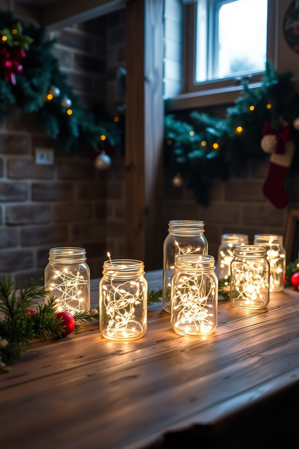 A cozy basement decorated for Christmas, featuring twinkling fairy lights inside glass jars that create a warm, inviting glow. The jars are scattered across a rustic wooden table, surrounded by evergreen garlands and holiday ornaments, enhancing the festive atmosphere.