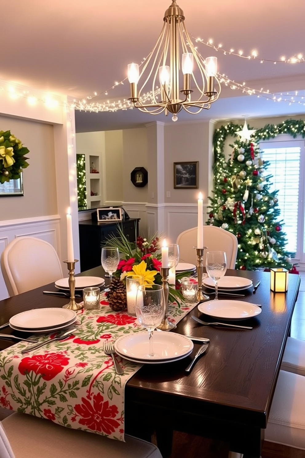 A festive dining table is adorned with a holiday-themed table runner featuring vibrant red and green patterns, complemented by elegant white dinnerware and sparkling glassware. Flickering candlelight from decorative holders adds a warm glow, while a centerpiece of seasonal flowers and pinecones brings a touch of nature indoors. The basement is transformed into a cozy winter wonderland with twinkling fairy lights draped across the ceiling and a beautifully decorated Christmas tree in the corner. Festive garlands and ornaments enhance the space, creating a cheerful atmosphere perfect for holiday gatherings.