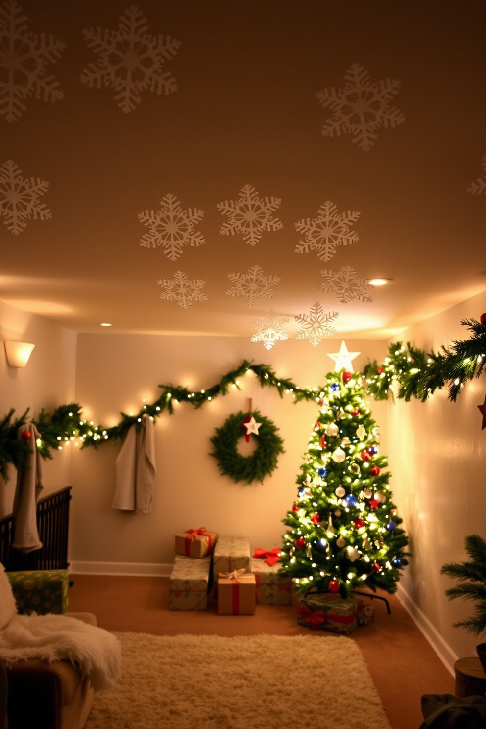 A cozy basement decorated for Christmas features snowflake cutouts hanging from the ceiling, creating a whimsical winter wonderland effect. Soft, warm lighting illuminates the space, enhancing the festive atmosphere and highlighting the seasonal decor. The walls are adorned with garlands of pine and twinkling fairy lights, while a plush area rug adds comfort underfoot. A beautifully decorated Christmas tree stands in one corner, surrounded by wrapped gifts, inviting holiday cheer into the basement retreat.