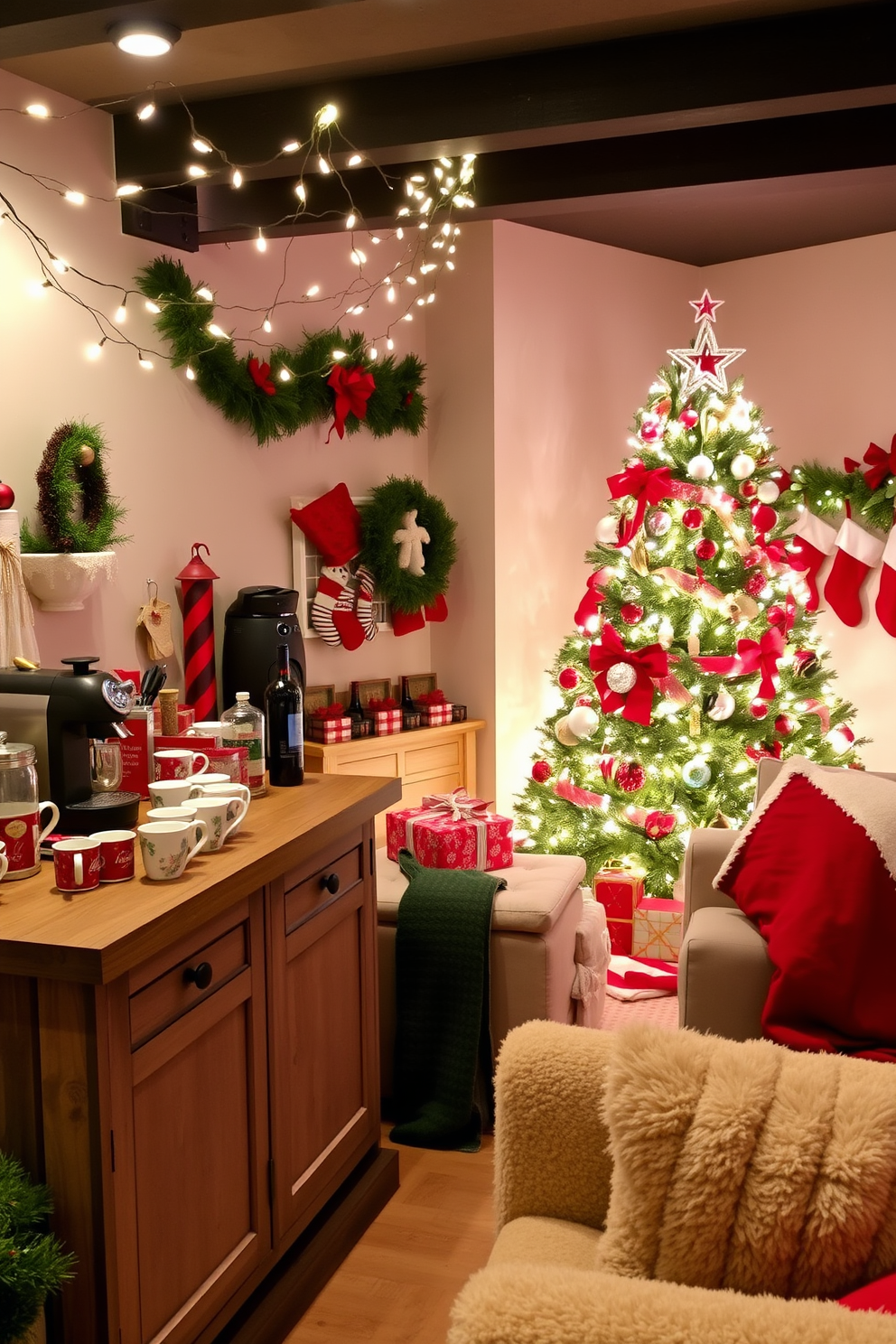 A festive coffee bar setup in the corner features a rustic wooden countertop adorned with a variety of holiday-themed mugs and a sleek espresso machine. Twinkling fairy lights drape above, casting a warm glow on a backdrop of vibrant red and green decorations. For basement Christmas decorating ideas, the space is transformed with cozy seating arranged around a beautifully adorned tree, sparkling with ornaments and a star on top. Stockings hang from a festive mantle, and soft, plush throws are draped over the furniture, inviting warmth and cheer.