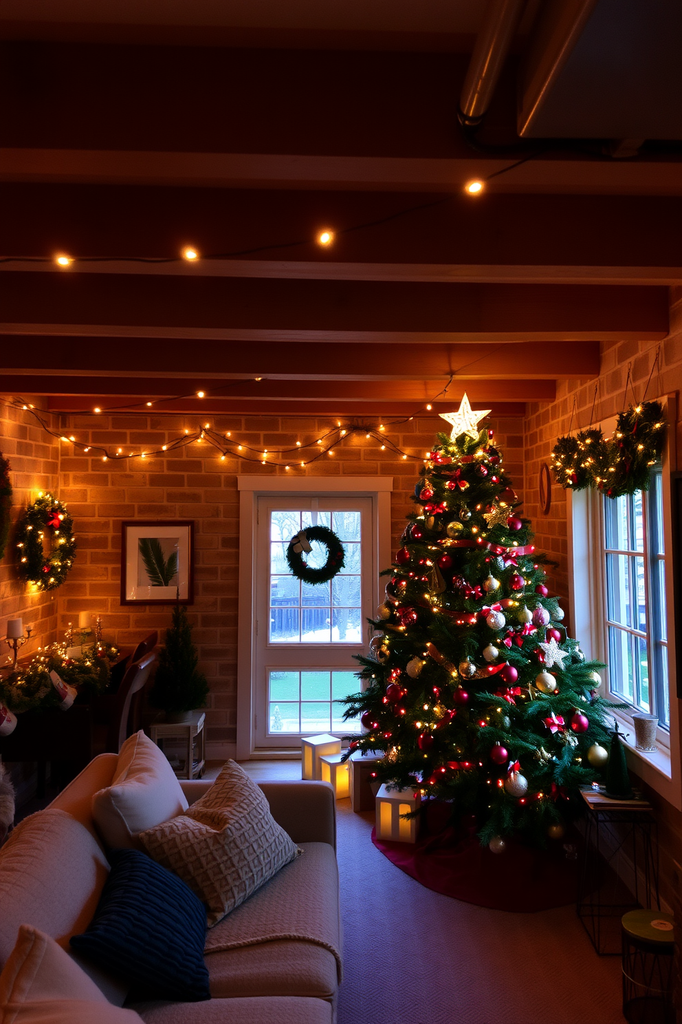 A cozy basement decorated for Christmas, featuring string lights elegantly draped around the windows and exposed wooden beams. The space is filled with festive decorations, including a beautifully adorned Christmas tree and a warm, inviting seating area with plush cushions and blankets.