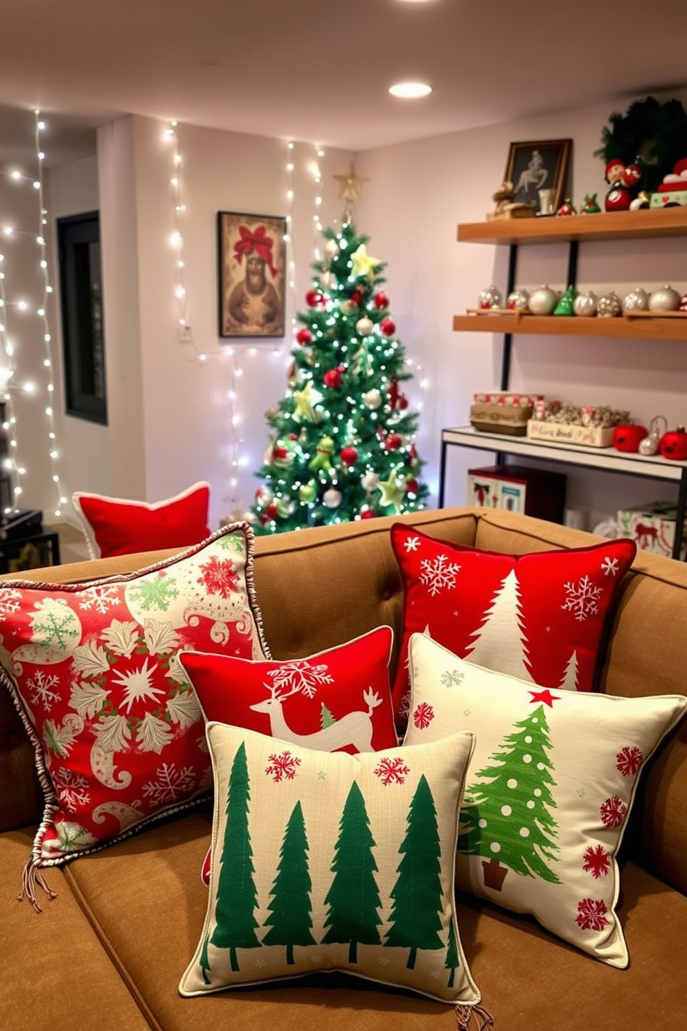 Seasonal throw pillows with holiday designs. The pillows feature festive patterns such as snowflakes, reindeer, and Christmas trees in vibrant reds, greens, and whites, arranged artfully on a cozy sofa. Basement Christmas decorating ideas. The space is adorned with twinkling fairy lights, a beautifully decorated tree in the corner, and a collection of holiday-themed ornaments displayed on shelves, creating a warm and inviting atmosphere.