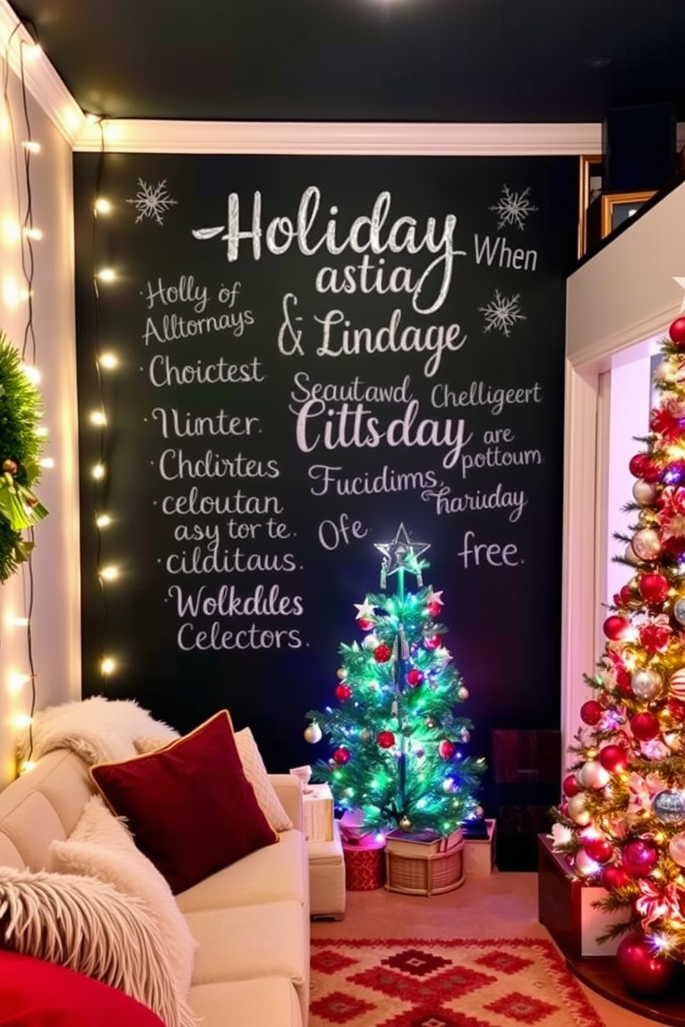 A chalkboard wall adorned with festive holiday messages creates a playful and inviting atmosphere. Surrounding the wall, cozy seating options and twinkling string lights enhance the festive spirit of the space. In the basement, Christmas decorations transform the area into a winter wonderland. Plush throw blankets, vibrant ornaments, and a beautifully adorned tree bring warmth and joy to the holiday gathering.