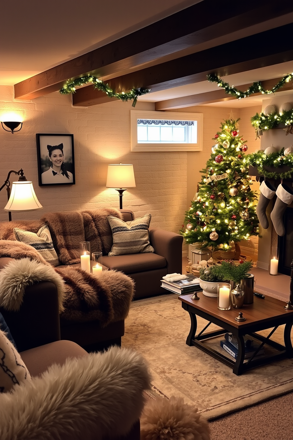 A cozy basement retreat adorned with faux fur throws draped over a plush sectional sofa, creating an inviting atmosphere perfect for winter gatherings. Soft, ambient lighting from stylish floor lamps enhances the warmth, while a rustic coffee table holds festive decorations and seasonal candles. For Christmas, the basement is transformed into a festive wonderland, featuring a beautifully decorated tree in the corner, adorned with twinkling lights and colorful ornaments. Stockings hang from a wooden mantel, complemented by garlands of pine and twinkling fairy lights that wrap around the room, bringing holiday cheer to the space.