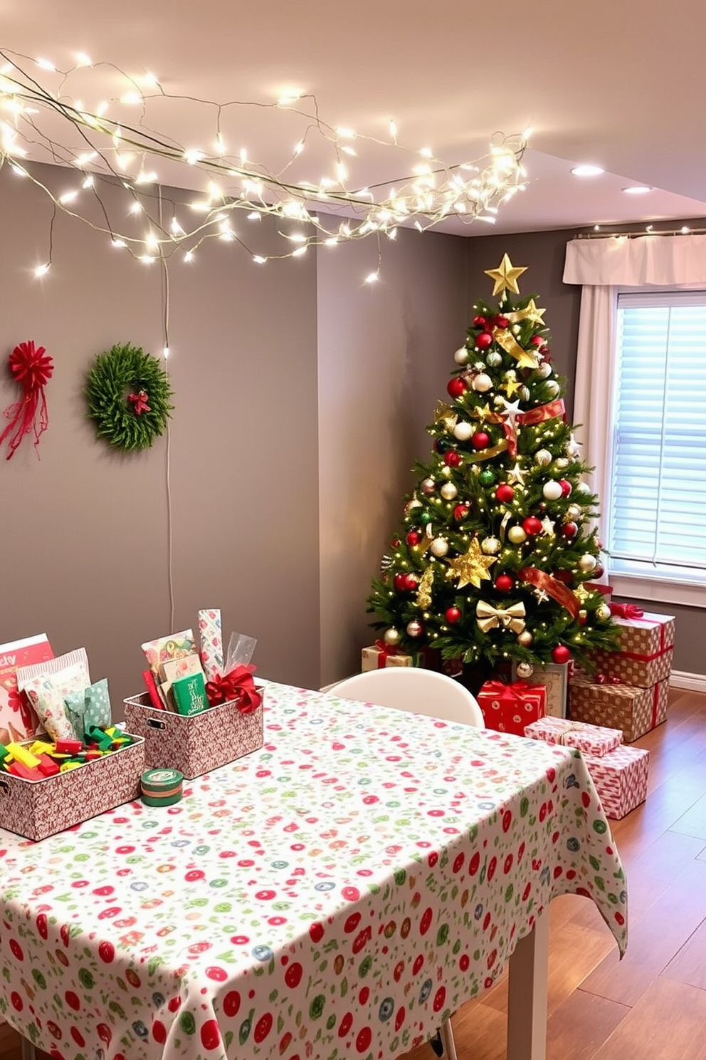 A creative wrapping station adorned with colorful decorations. The table is covered in festive wrapping paper, with ribbons and bows neatly organized in a decorative box nearby. For basement Christmas decorating ideas, the space is transformed into a cozy winter wonderland. Twinkling fairy lights drape across the ceiling, while a beautifully decorated tree stands in the corner, surrounded by wrapped gifts.