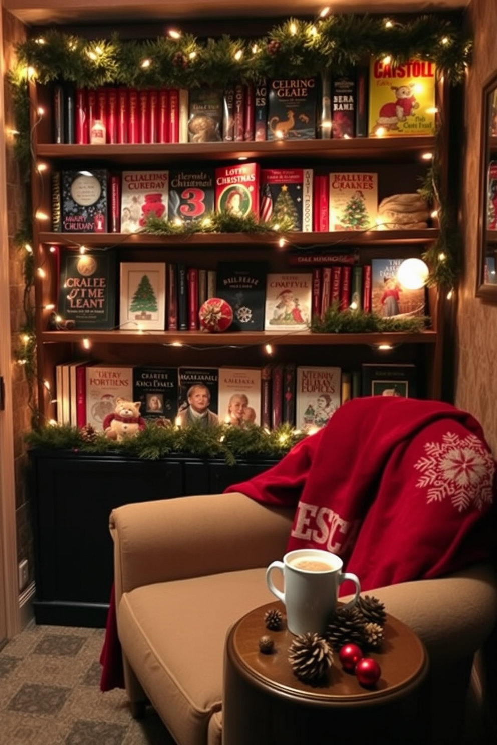 A cozy basement nook adorned for Christmas. Shelves are filled with festive books, their covers showcasing holiday themes, while twinkling fairy lights wrap around the shelves, creating a warm glow. A plush armchair is positioned nearby, draped with a soft, red throw blanket. A small side table holds a steaming cup of hot cocoa, surrounded by pinecones and holiday ornaments for a cheerful touch.