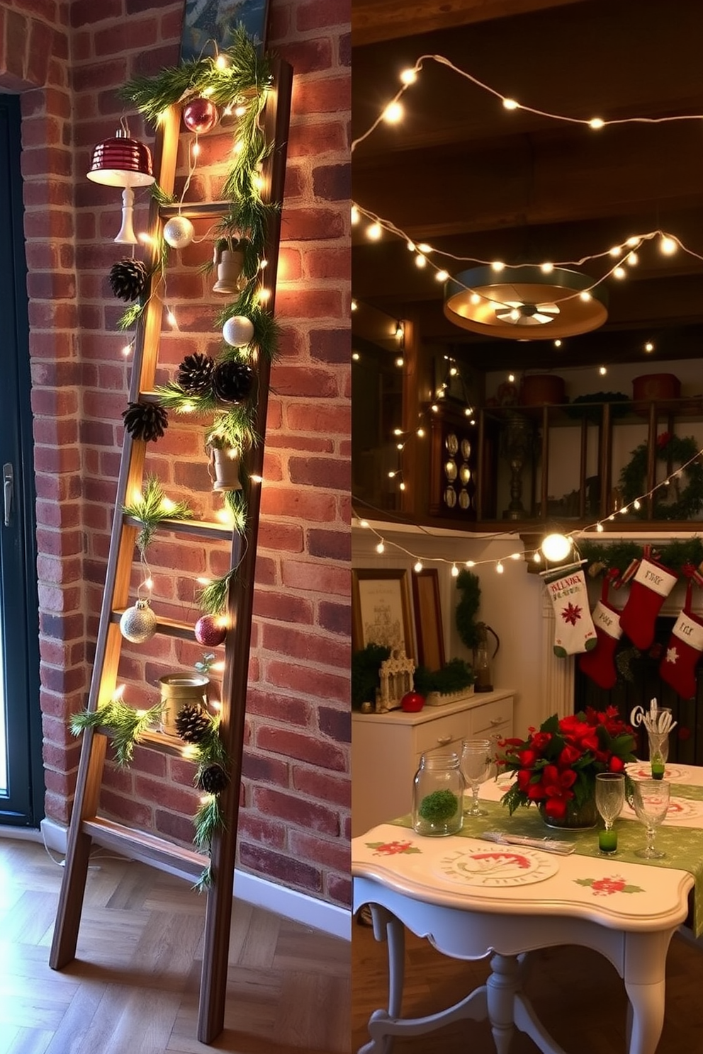 A beautifully decorated wooden ladder rests against a rustic brick wall, adorned with twinkling fairy lights and an array of seasonal ornaments. Fresh greenery and pinecones drape elegantly from the rungs, enhancing the cozy, inviting atmosphere of the space. In the basement, a festive transformation takes place with a combination of warm string lights and handmade decorations. A vintage table is set with holiday-themed centerpieces, while colorful stockings hang from a mantel, creating a cheerful and welcoming environment for gatherings.