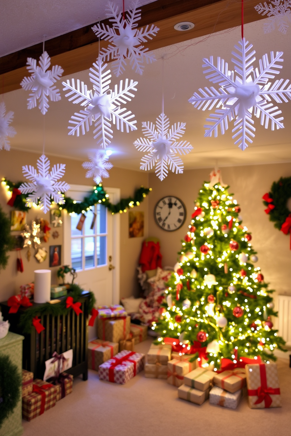 A cozy basement decorated for Christmas, featuring indoor snowflakes made from cotton batting hanging from the ceiling. The space is filled with festive decorations, including a beautifully adorned Christmas tree in the corner, surrounded by wrapped gifts and twinkling fairy lights.