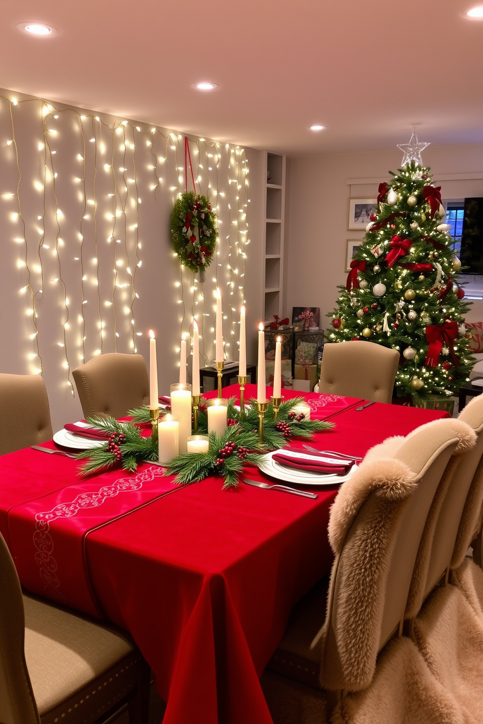 A festive dining table adorned for Christmas gatherings. The table is draped in a deep red tablecloth, featuring elegant gold accents, with a centerpiece of pine branches, red berries, and candles in varying heights. A cozy basement space transformed for the holiday season. The walls are decorated with twinkling fairy lights, and a large Christmas tree stands in the corner, surrounded by wrapped gifts and plush seating covered in soft, festive throws.