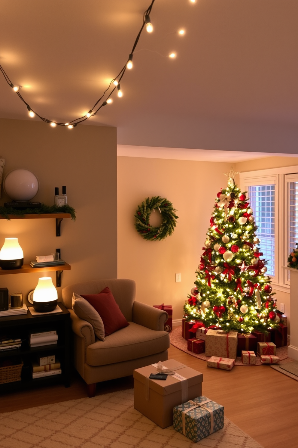 A cozy living room adorned with seasonal scents from essential oil diffusers. The diffusers are strategically placed on shelves, releasing warm fragrances like cinnamon and pine, creating an inviting atmosphere. A festive basement transformed into a winter wonderland for Christmas. Twinkling fairy lights drape across the ceiling, while a beautifully decorated tree stands in the corner, surrounded by wrapped gifts and holiday decorations.