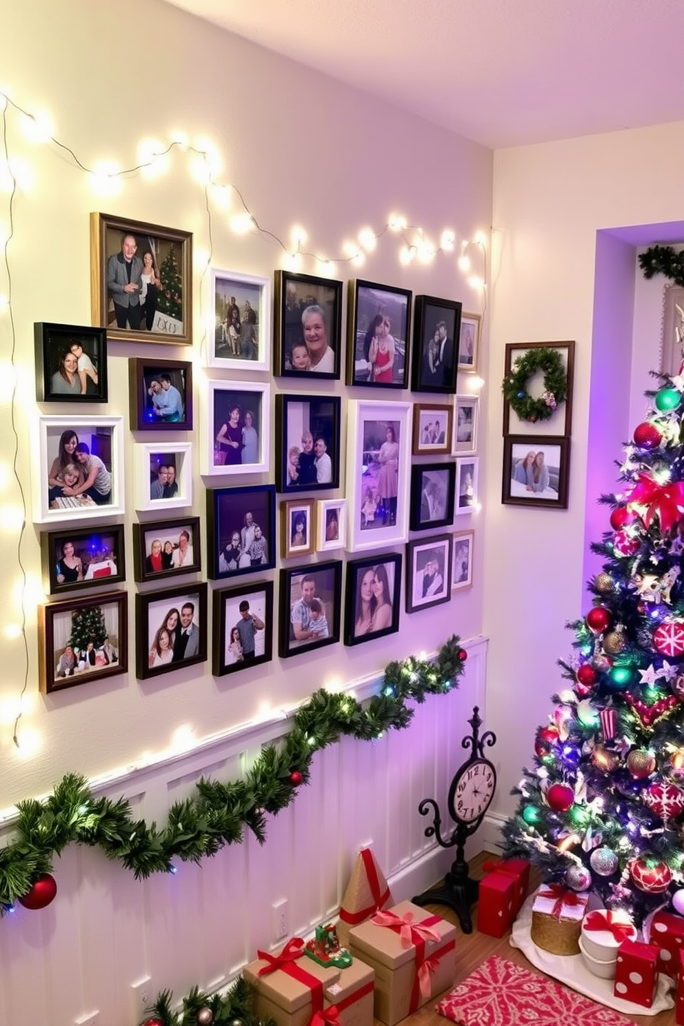 A cozy photo wall displays cherished Christmas memories, featuring an array of framed pictures in various sizes, capturing joyful moments with family and friends. The wall is adorned with twinkling fairy lights, creating a warm and inviting atmosphere that evokes nostalgia and holiday cheer. In the basement, festive decorations transform the space into a winter wonderland, with a beautifully decorated Christmas tree in the corner, surrounded by wrapped gifts. Garlands of greenery drape across the walls, and colorful ornaments and twinkling lights add a magical touch to the festive ambiance.