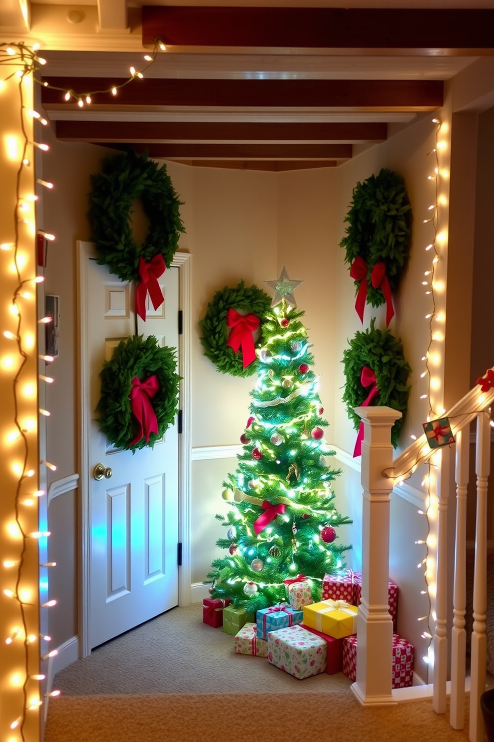 A cozy basement adorned for Christmas, featuring wreaths on the doors and walls. The decor includes twinkling fairy lights wrapped around the banisters, creating a warm and inviting atmosphere. The walls are adorned with lush green wreaths decorated with red bows and ornaments, complementing the festive spirit. A beautifully arranged Christmas tree stands in the corner, surrounded by presents wrapped in colorful paper.