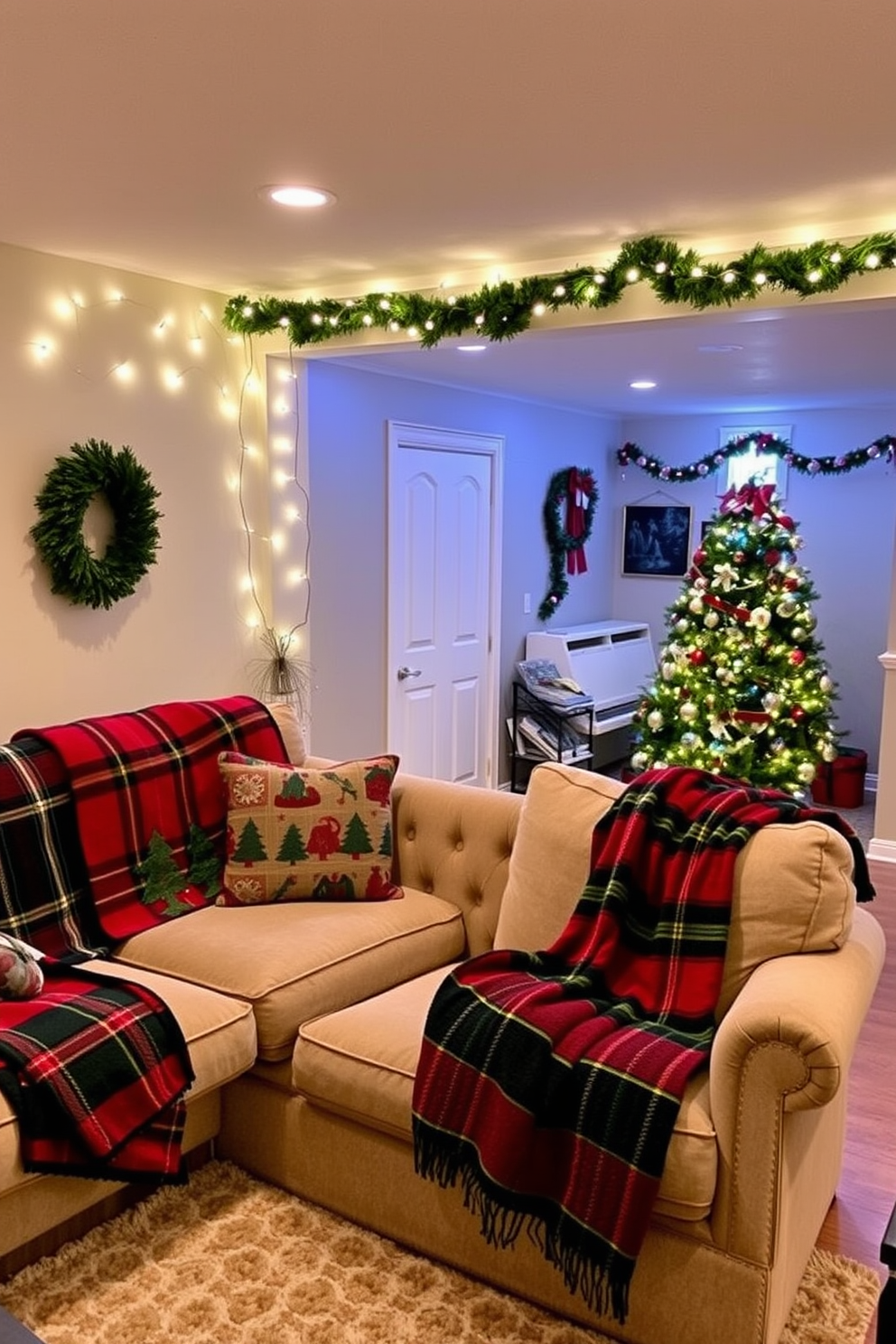 A cozy living room adorned with holiday-themed throw blankets draped over plush sofas, creating an inviting atmosphere. The blankets feature festive patterns in rich reds and greens, complemented by decorative pillows that add a touch of warmth. In the basement, a festive scene unfolds with twinkling string lights hung from the ceiling and a beautifully decorated Christmas tree in the corner. The space is enhanced with garlands and ornaments, creating a cheerful holiday ambiance perfect for gatherings.