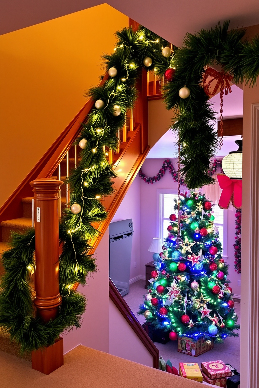 A charming staircase adorned with lush decorative garlands drapes elegantly over the polished wooden railings, creating a festive atmosphere. Twinkling fairy lights weave through the greenery, casting a warm glow that enhances the holiday spirit. In the basement, a cozy holiday retreat is transformed with cheerful Christmas decorations, featuring a beautifully adorned tree in the corner. Festive ornaments and colorful garlands hang from the ceiling, inviting warmth and joy to this inviting space.