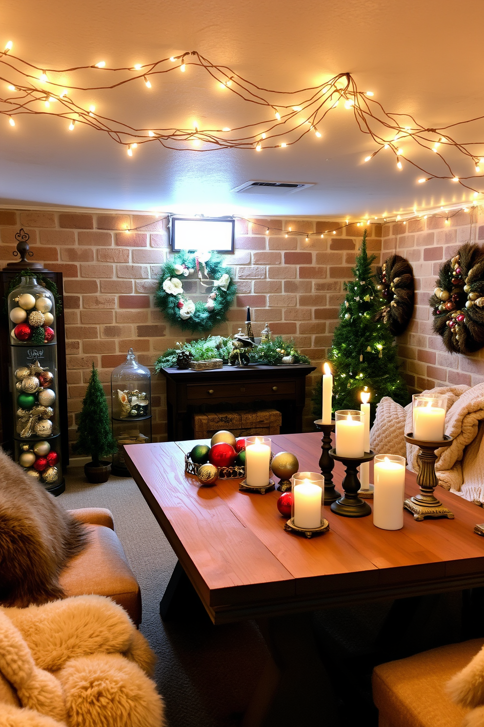 A cozy basement adorned for the holidays features vintage ornaments displayed in elegant glass jars, showcasing a variety of colors and textures. Twinkling fairy lights drape across the ceiling, casting a warm glow over the festive decor and creating an inviting atmosphere. The space is enhanced with a rustic wooden table, where additional ornaments and candles are artfully arranged. Plush seating with soft blankets invites family and friends to gather and enjoy the holiday spirit in this charming basement retreat.