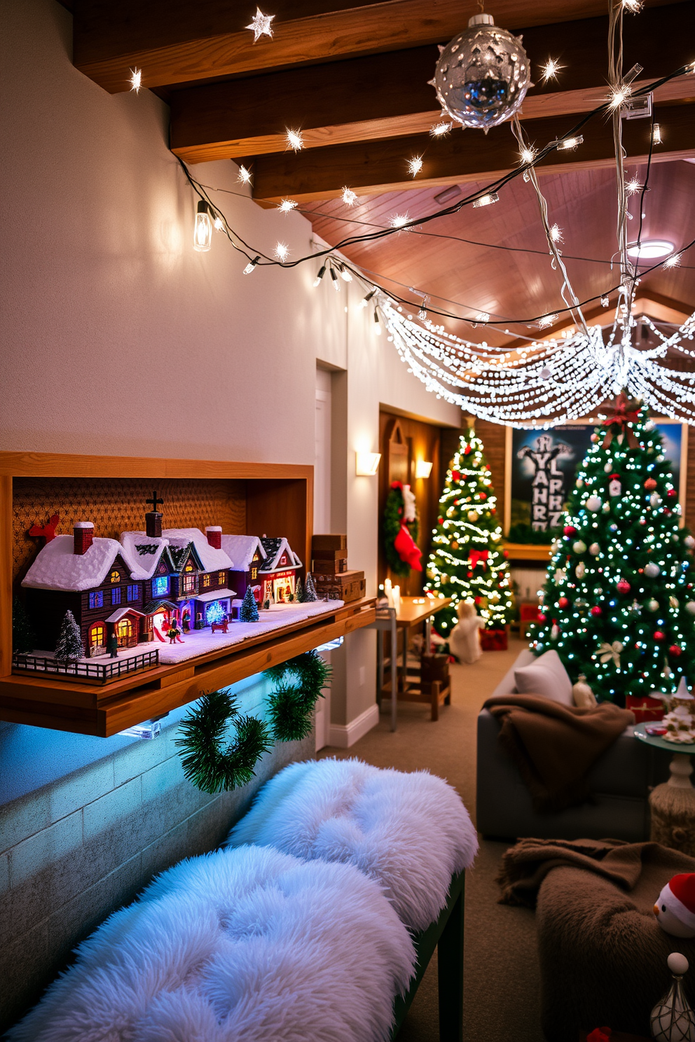 A charming Christmas village scene is displayed on a wooden shelf, featuring quaint houses adorned with colorful lights and miniature figures celebrating the holiday. Snow-dusted rooftops and twinkling stars above create a magical ambiance, inviting warmth and nostalgia. The basement is transformed into a festive wonderland, with twinkling string lights draped across the ceiling and a large Christmas tree adorned with shimmering ornaments. Cozy seating areas are arranged with plush blankets and seasonal decor, making it the perfect space for holiday gatherings.