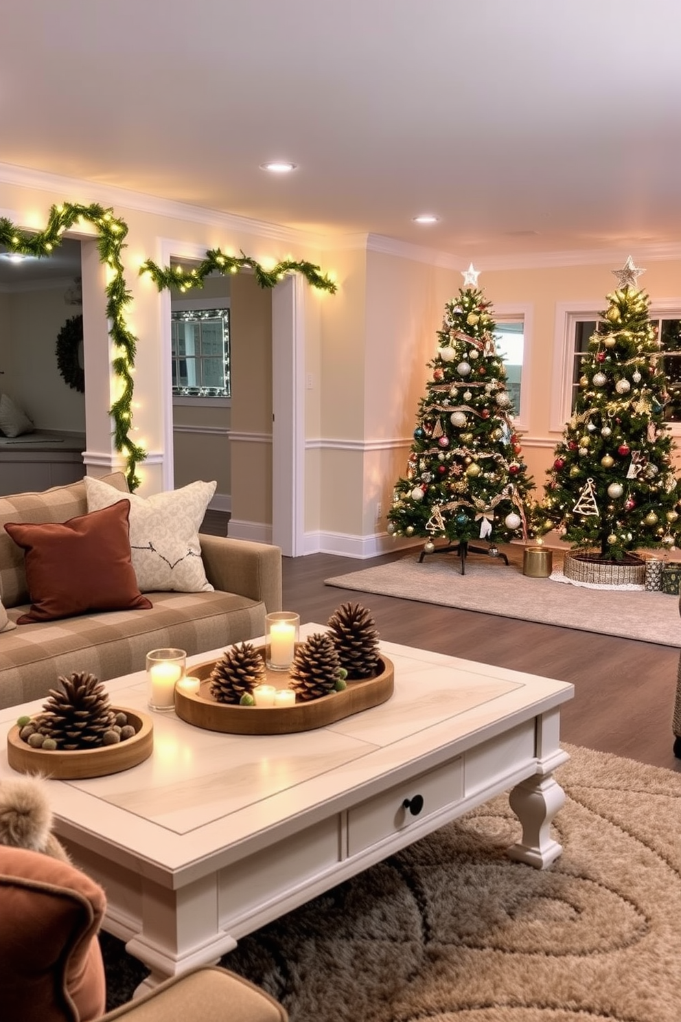 A stylish coffee table adorned with pinecone centerpieces, surrounded by cozy, plush seating. The warm glow of ambient lighting enhances the rustic charm, creating an inviting atmosphere for gatherings. A festive basement transformed into a winter wonderland, featuring twinkling fairy lights and garlands draped along the walls. A large Christmas tree stands in the corner, decorated with ornaments that reflect the spirit of the season, while a plush area rug adds warmth underfoot.