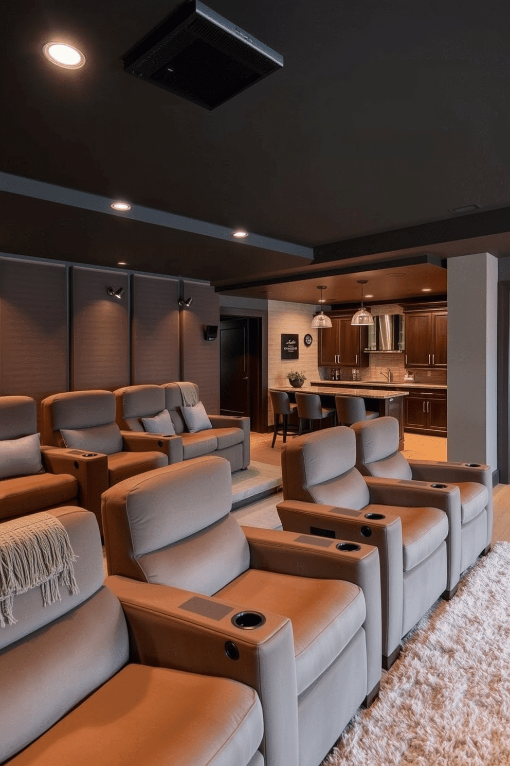 A cozy movie theater with plush seating features oversized, reclining chairs arranged in a staggered layout for optimal viewing. The walls are adorned with dark acoustic panels, and soft, dimmable lighting creates an inviting atmosphere. In the basement, a warm, inviting space is designed with a neutral color palette and textured finishes. A wet bar with elegant cabinetry and bar stools complements the entertainment area, while a plush area rug adds comfort underfoot.