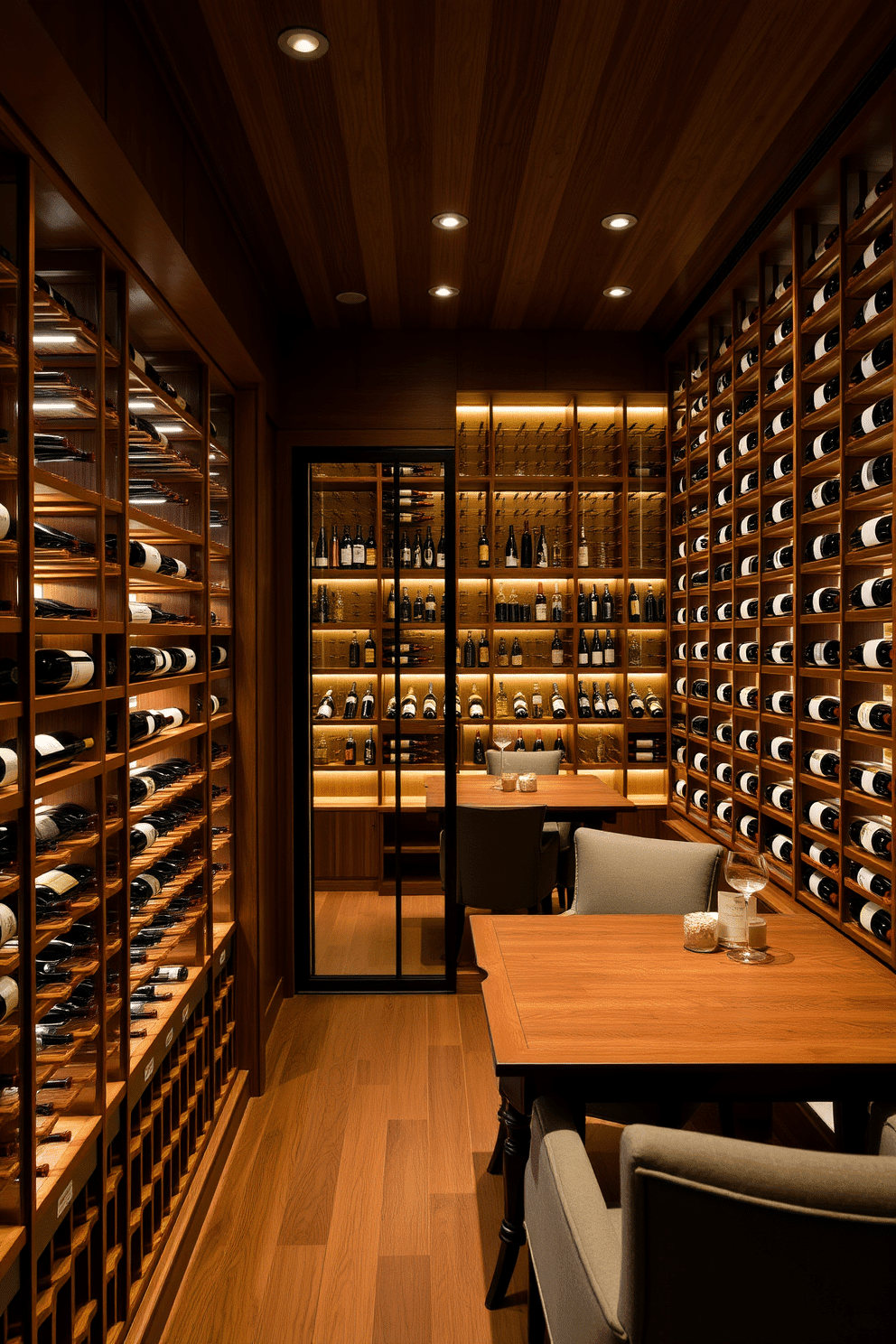 A luxurious wine cellar featuring climate control technology to ensure optimal storage conditions. The room is lined with custom wooden racks that elegantly display a curated selection of fine wines, with ambient lighting highlighting the bottles. The walls are adorned with rich, dark wood paneling, creating a warm and inviting atmosphere. A sleek, glass door leads to a tasting area furnished with a rustic wooden table and plush seating, perfect for intimate gatherings.