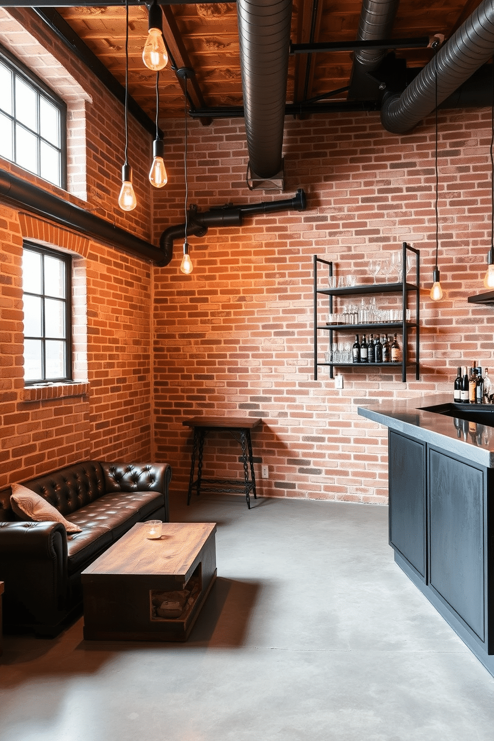 A stylish industrial basement featuring exposed brick walls that create a raw and authentic atmosphere. The space includes a cozy seating area with a leather sofa and a reclaimed wood coffee table, complemented by Edison bulb lighting fixtures hanging from the ceiling. In one corner, a sleek bar area showcases metal shelves filled with glassware and artfully arranged bottles. The floor is polished concrete, and large windows provide natural light, enhancing the overall warmth of the design.