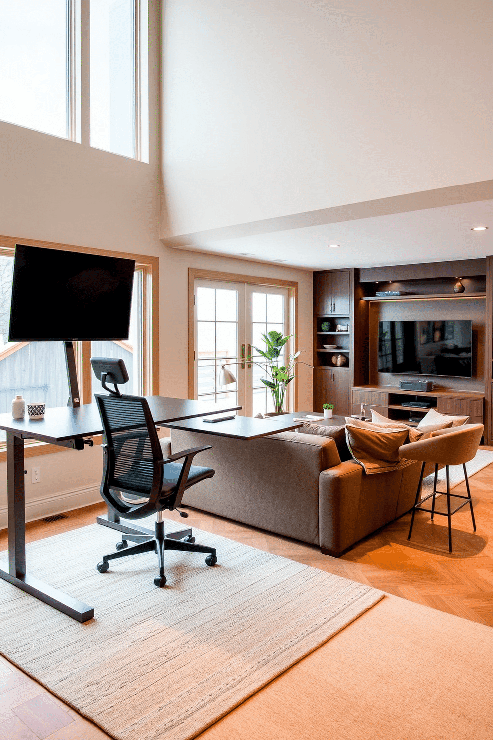 A modern home office featuring ergonomic furniture designed for comfort and productivity. The space includes a sleek, adjustable standing desk paired with an ergonomic chair, both in a minimalist style, surrounded by natural light from large windows. A cozy basement designed for relaxation and entertainment. The area showcases a plush sectional sofa, a large flat-screen TV mounted on the wall, and a wet bar with stylish bar stools, all accented by warm lighting and rich wooden finishes.