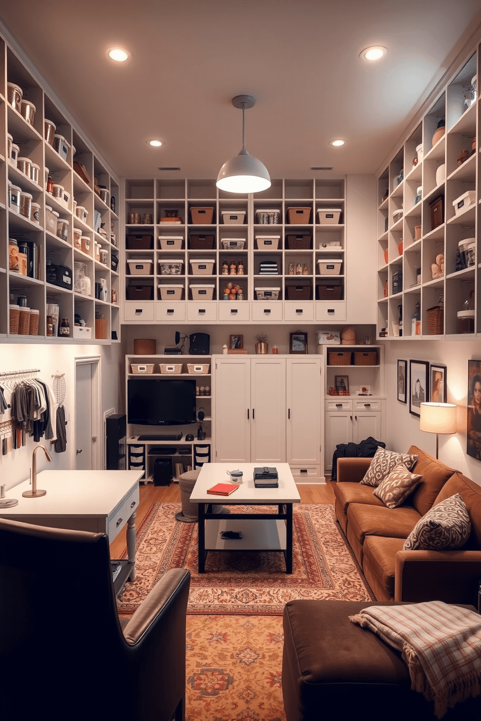 A bright and airy craft room filled with organized storage solutions. Shelving units line the walls, displaying neatly arranged bins and jars filled with various craft supplies, while a large worktable sits in the center, surrounded by comfortable seating. A cozy basement retreat designed for relaxation and entertainment. The space features a plush sectional sofa, a stylish coffee table, and a home theater setup, all accented by warm lighting and soft rugs to create an inviting atmosphere.