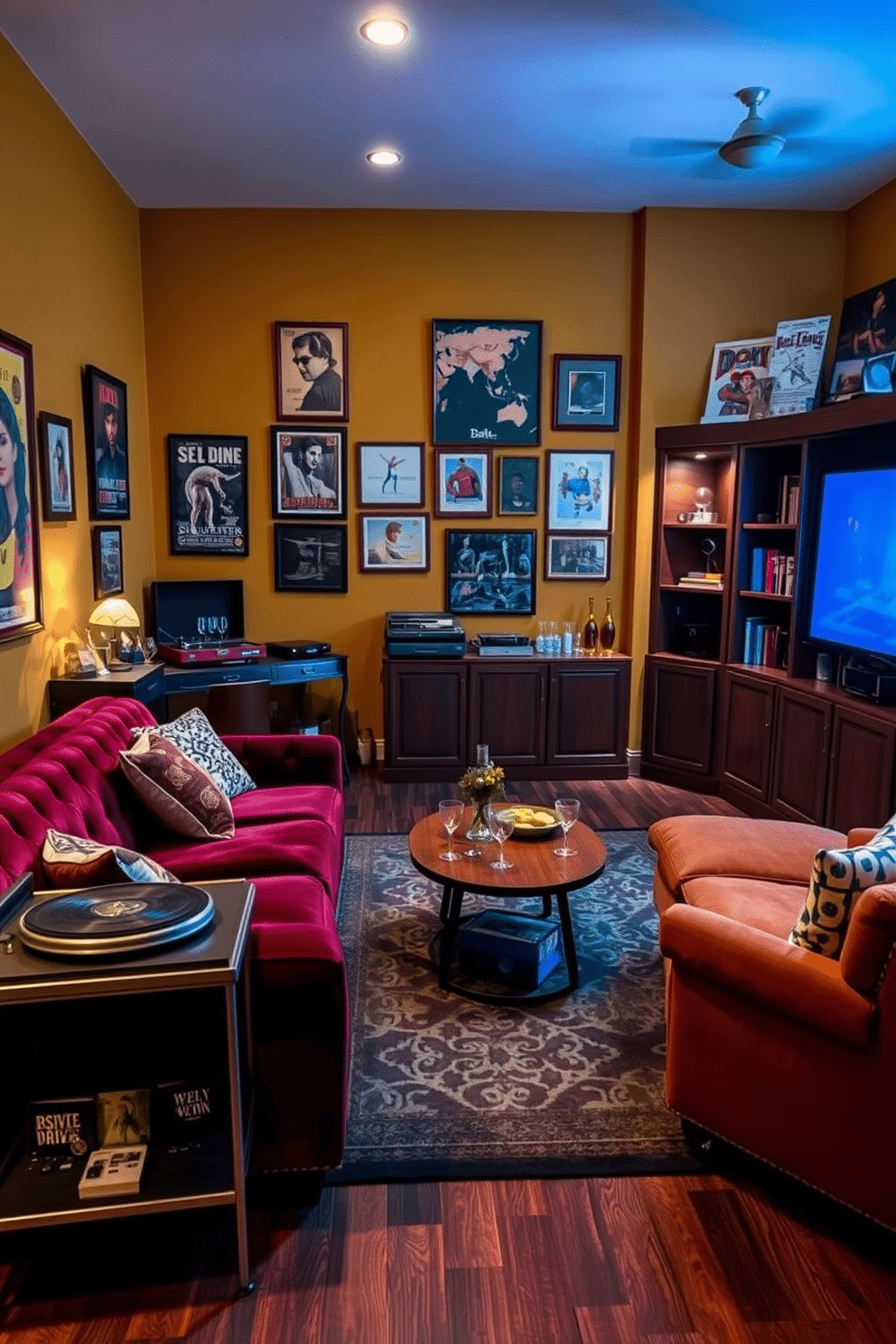 A vintage lounge featuring retro decor elements. The room is adorned with a plush velvet sofa in deep burgundy, complemented by a geometric patterned area rug and a mid-century modern coffee table. The walls are painted in a warm mustard yellow, accented by framed vintage posters and a collection of eclectic wall art. A stylish bar cart filled with vintage glassware sits in one corner, while a record player plays classic vinyl records, enhancing the nostalgic atmosphere. For the basement design, envision a cozy entertainment area with a home theater setup. Soft, ambient lighting illuminates the space, highlighting a large sectional sofa facing a big screen, surrounded by built-in shelves displaying books and memorabilia.