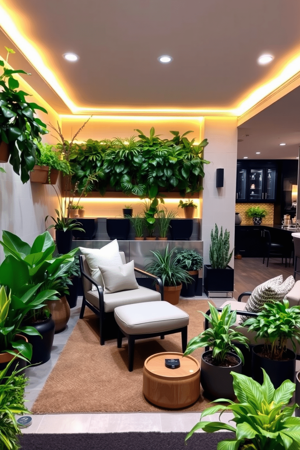 Indoor garden with potted plants and seating. The space features a variety of lush green plants in decorative pots, arranged around a cozy seating area with comfortable chairs and a small table. Basement design ideas. The basement is transformed into a stylish lounge with a bar area, plush seating, and ambient lighting, complemented by a sleek entertainment center and modern decor elements.