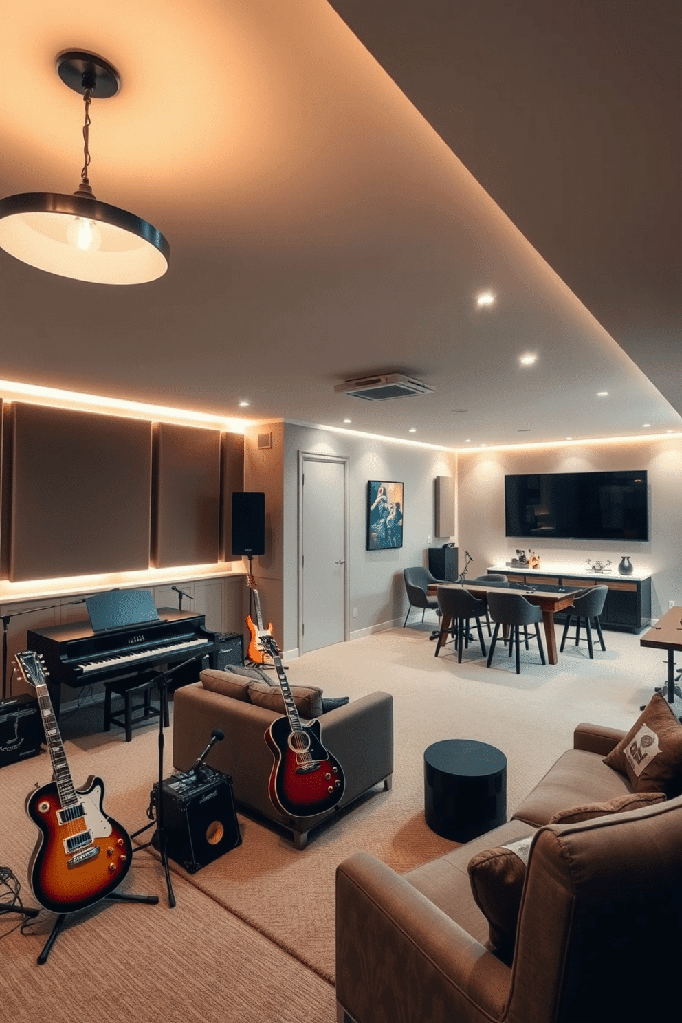 A stylish music room featuring soundproofed walls and a cozy atmosphere. Various instruments, including a grand piano and a set of guitars, are artfully arranged around the space, complemented by soft lighting and plush seating. A modern basement design that maximizes space and functionality. The area includes a comfortable lounge with a bar, a home theater setup, and a game section, all adorned with warm colors and contemporary furnishings.