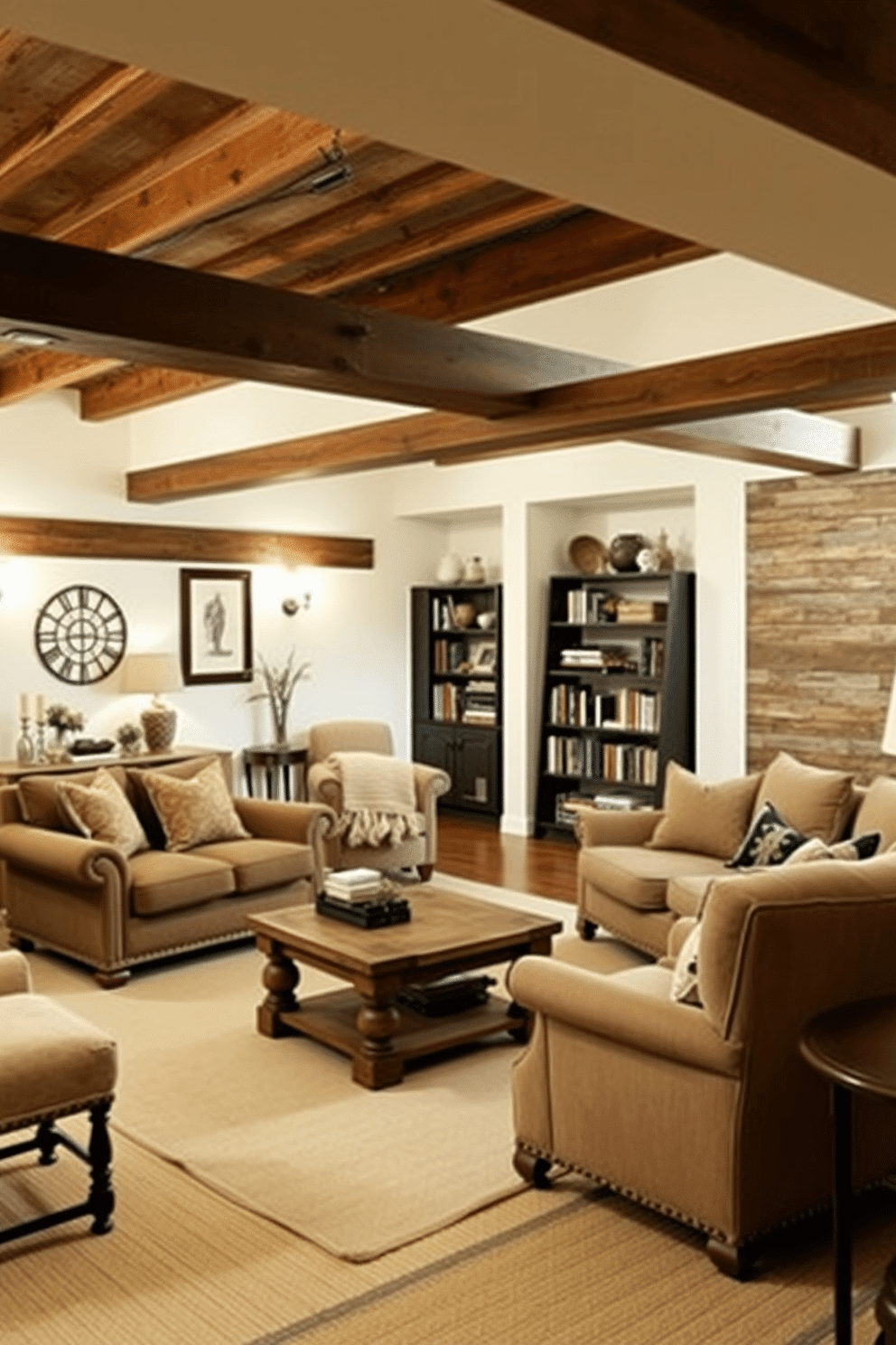 A rustic farmhouse basement design featuring exposed wooden beams that create a warm and inviting atmosphere. The space includes a comfortable seating area with a large, plush sectional sofa and a reclaimed wood coffee table, surrounded by vintage decor and soft, ambient lighting. In one corner, a cozy reading nook is created with a pair of oversized armchairs and a small bookshelf filled with well-loved novels. The walls are painted in a soft cream color, complemented by a distressed wood accent wall that adds character to the room.