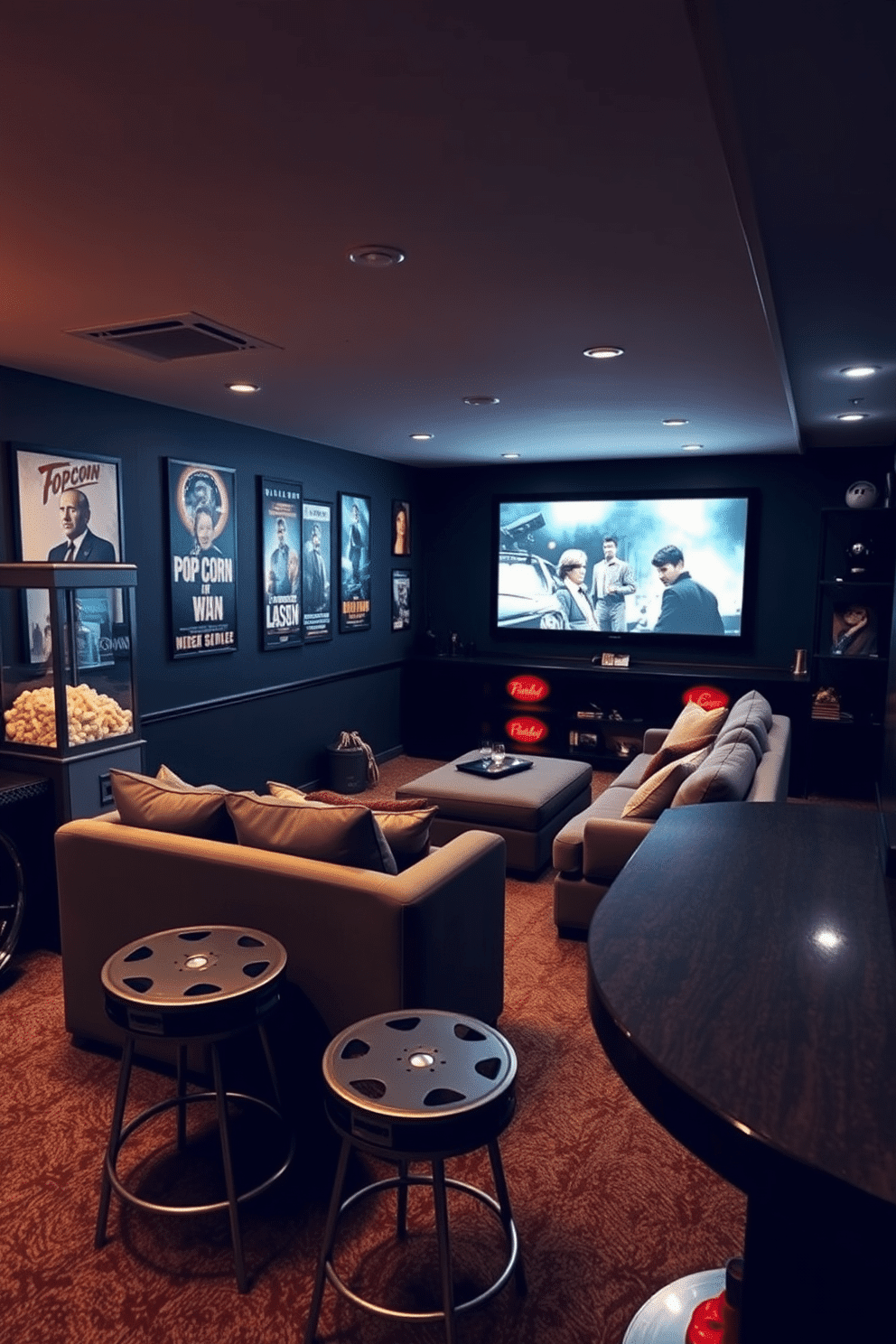 A cozy basement designed with a cinematic theme inspired by classic movies. The walls are adorned with vintage movie posters, and a plush sectional sofa faces a large screen, perfect for movie nights. In one corner, a popcorn machine adds a nostalgic touch, while dimmable lighting creates an intimate atmosphere. A bar area features stools with film reel designs, and shelves display memorabilia from iconic films.