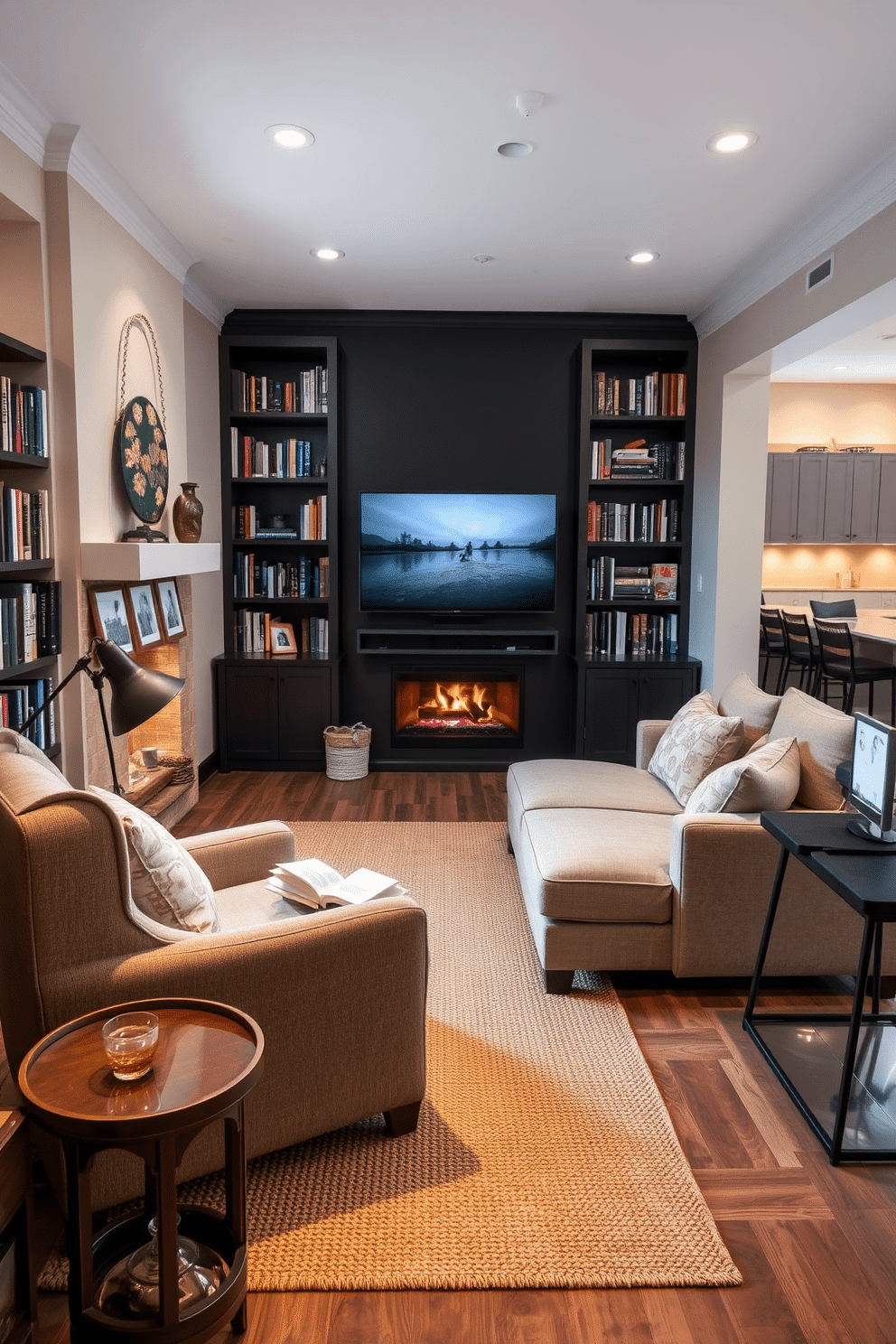 Cozy reading corner with a fireplace. A plush armchair upholstered in soft fabric is positioned near a crackling fireplace, with a small wooden side table holding a steaming cup of tea. The walls are lined with built-in bookshelves filled with an array of books, while a warm, woven rug lies underfoot. Soft lighting from a vintage floor lamp creates an inviting ambiance, perfect for curling up with a good book. Basement Design Ideas. The space features an open layout with a comfortable sectional sofa facing a modern entertainment unit, ideal for movie nights. A wet bar with sleek cabinetry and stylish bar stools adds functionality, while large windows allow natural light to filter in, creating a bright and airy atmosphere.